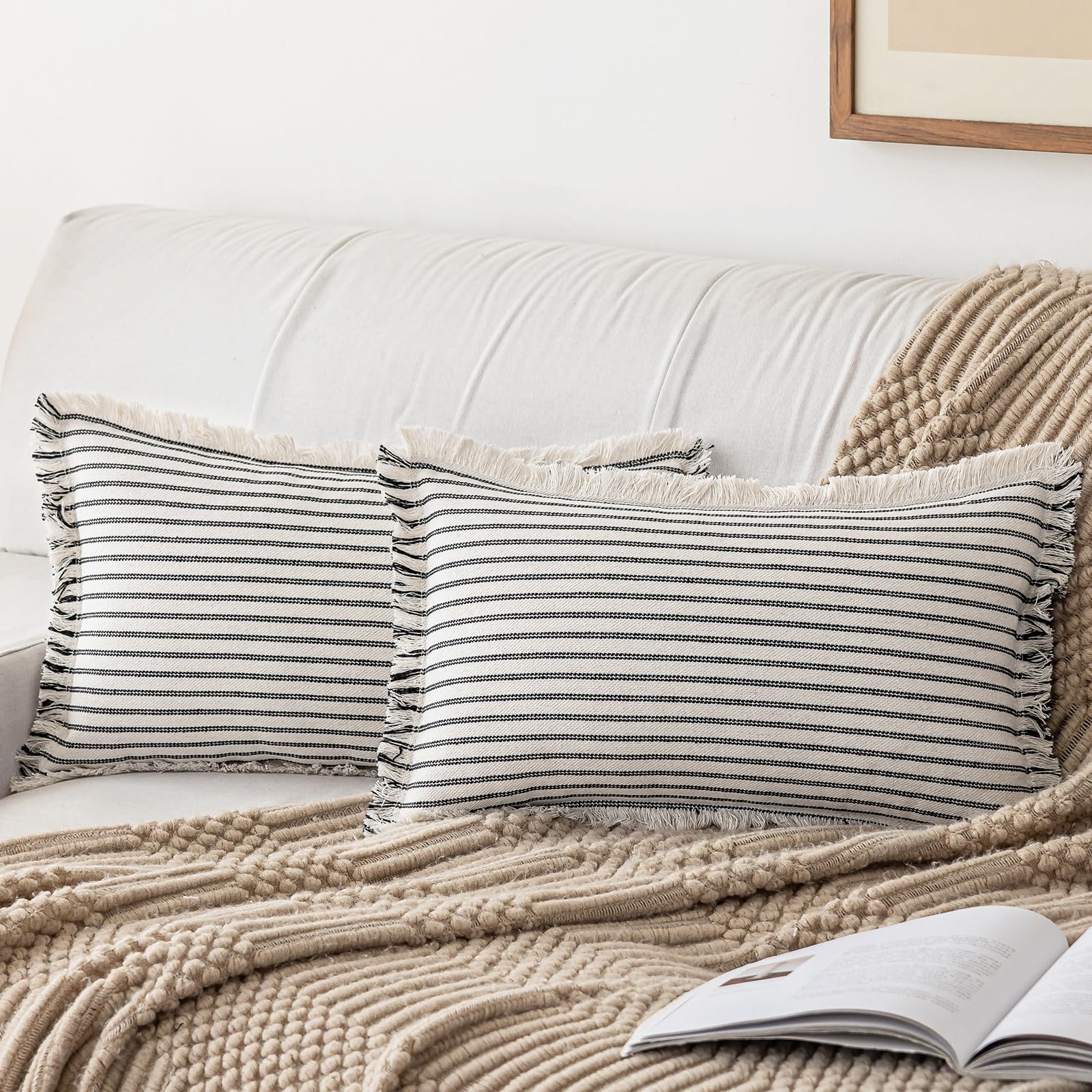 YEENAASY Throw Pillow Covers 22x22 Set of 2 Striped Fringe Pillow Cover Farmhouse Cushion Covers with Tassel Neutral Boho Pillows Decorative Square Pillowcase for Couch Sofa Bed, Blue
