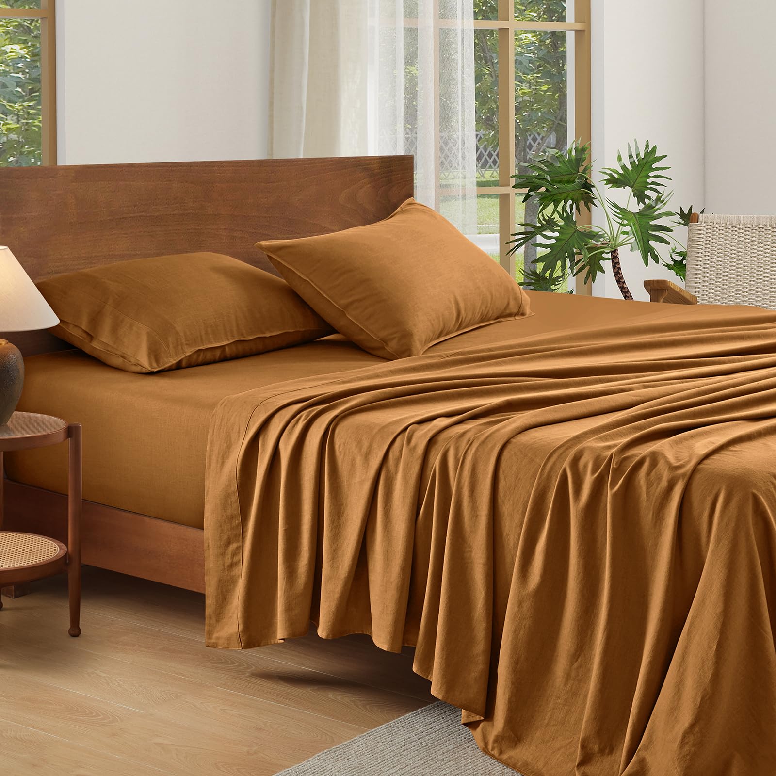 Queen French Linen 4-Piece Sheet Set, Breathable Deep Pocket Bedding