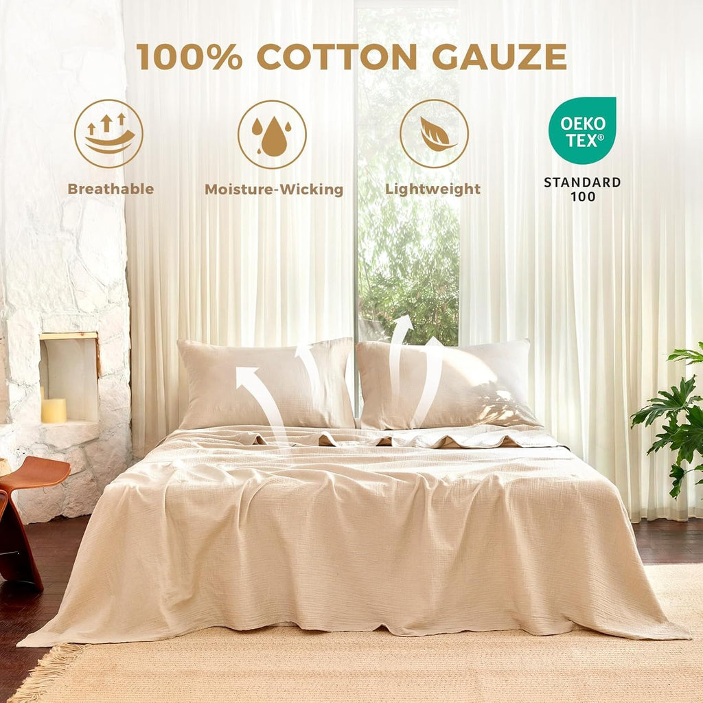 LUTBM King Sheet Set 100% Cotton Bed Sheets Gauze 4 Pcs Muslin Linen Sheets Set 16" Deep Pocket Sheet & Pillowcase Sets Breathable Boho King Soft Bedding Sets for All Season