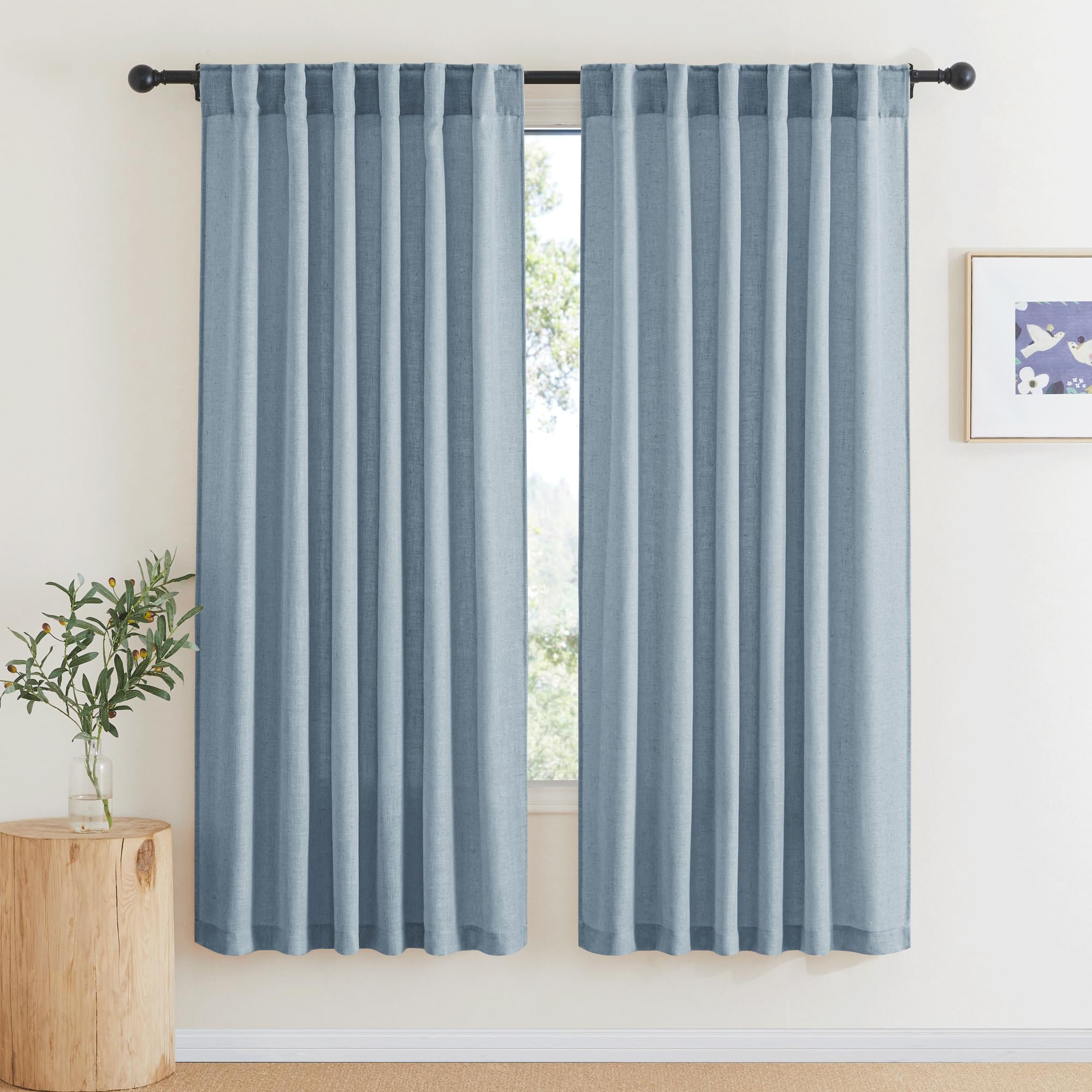 RYB HOME Linen Sheer Curtains and Drapes for Living Room 108 inches Length, Breathable Back Tab/Rod Pocket Semi Sheer Curtains, Oatmeal, W 52 x L 108 inches, 2 Panels Set