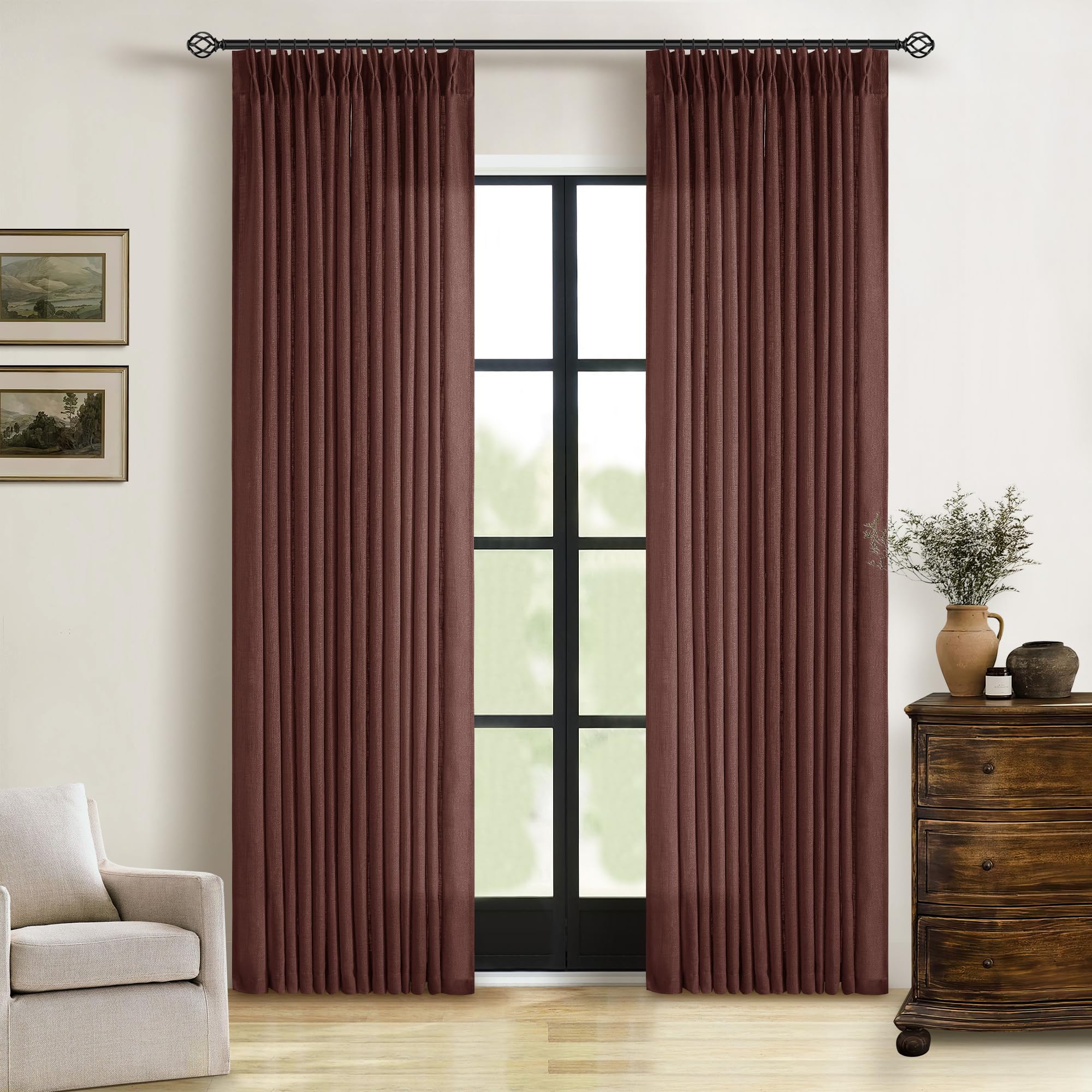 Dutch Cocoa Pinch Pleated Linen Curtains 84 Inches Long 60 Inch Width Linen Blend Light Filtering Window Curtains 84 Inch for Living Room Bedroom Patio Pinch Pleat Drapes Hooks Rings 1 Panel 60Wx84L
