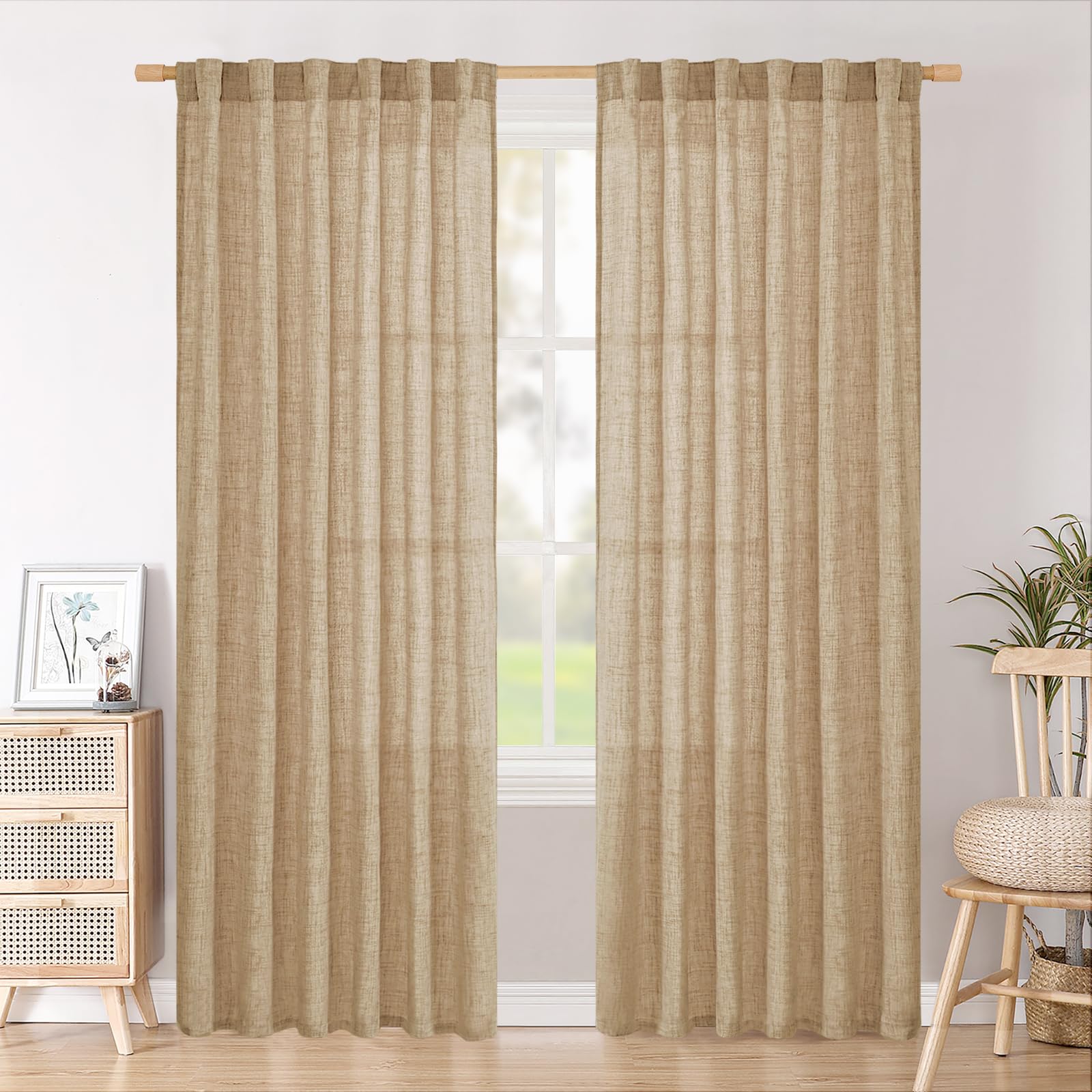 BGment Natural Linen Semi Sheer Curtains 96 Inch Length 2 Panels for Living Room, Beige Light Filtering Window Drapes with Rod Pocket Back Tab Extre Long for Dining Bedroom, 52 X 96 Inch