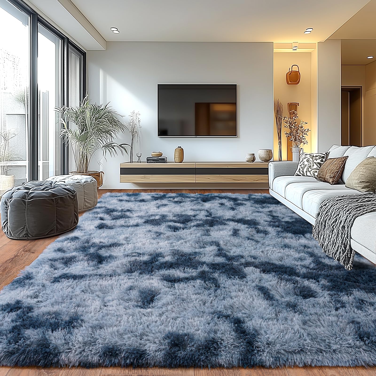 Shaggy Area Rugs, Fuzzy Rugs for Living Room, Soft Nursery Area Rug for Girls, Tie Dye Black Gray Plush Area Rugs Non Slip, Fluffy Rug Carpet 8x10ft
