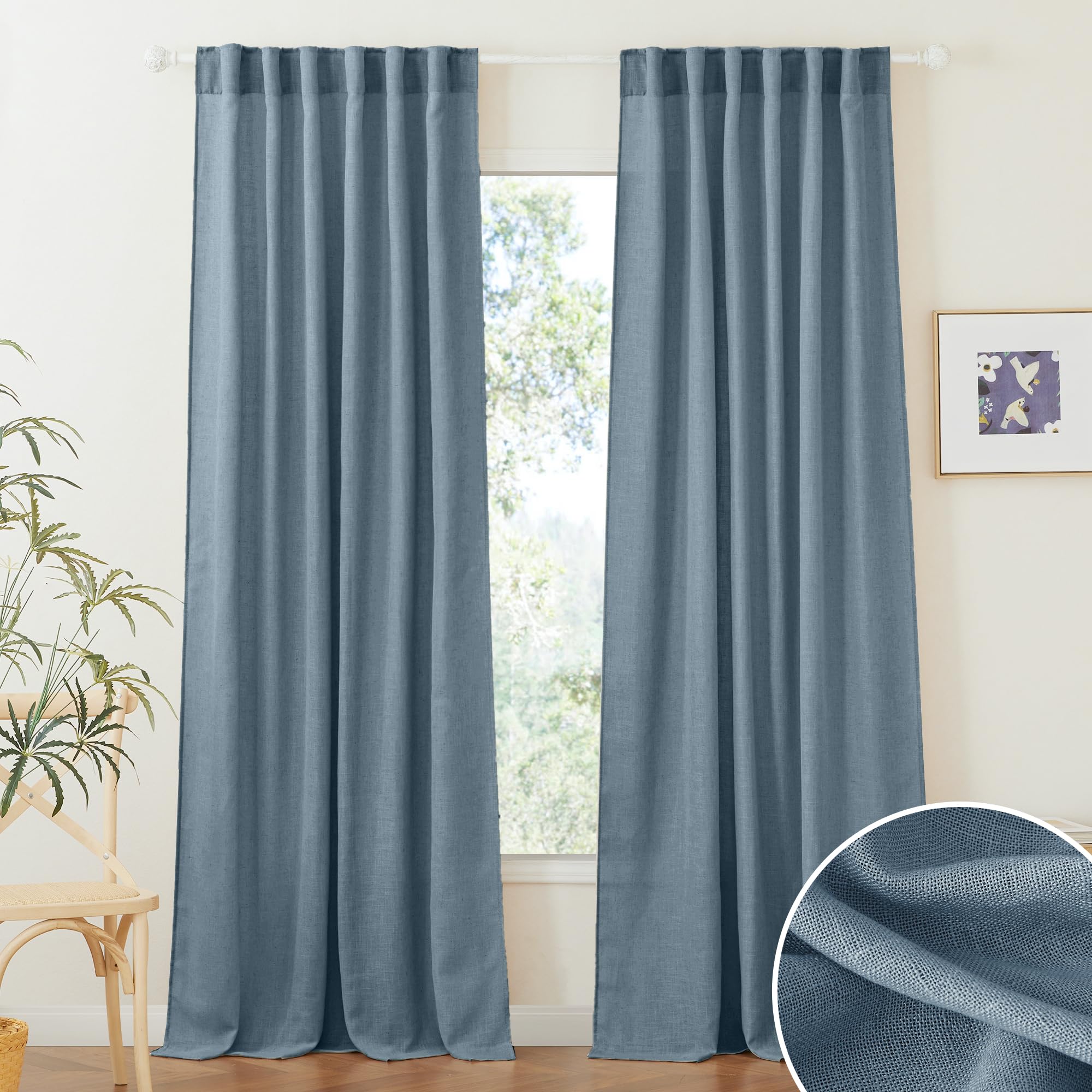 RYB HOME Linen Sheer Curtains and Drapes for Living Room 108 inches Length, Breathable Back Tab/Rod Pocket Semi Sheer Curtains, Oatmeal, W 52 x L 108 inches, 2 Panels Set