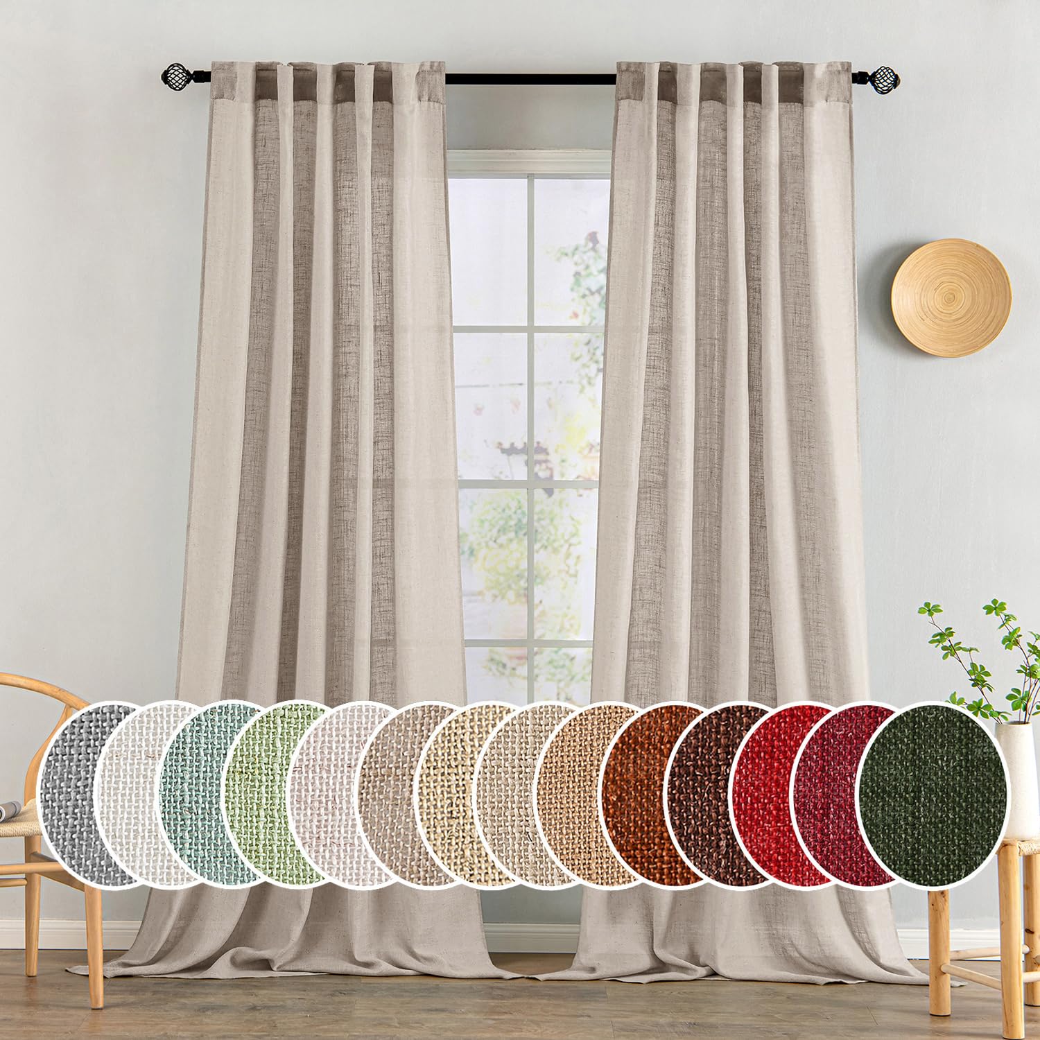 MIULEE Taupe Linen Curtains 84 Inch Length for Bedroom Living Room, Soft Thick Linen Textured Window Drapes Semi Sheer Light Filtering Back Tab Rod Pocket Burlap Look Farmhouse Country Decor, 2 Panels