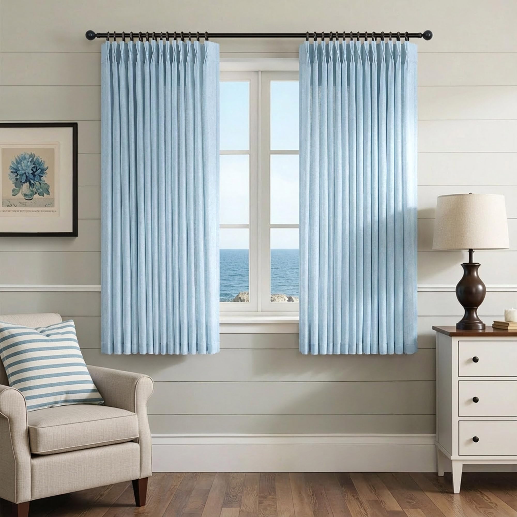 Natural Pinch Pleated Linen Cream Curtains 84 Inch Length 2 Panels for Living Room Bedroom Ivory Semi Sheer Light Filtering Modern Farmhouse Boho Neutral Rustic Long Drapes Back Tab Pleat Hooks Rings