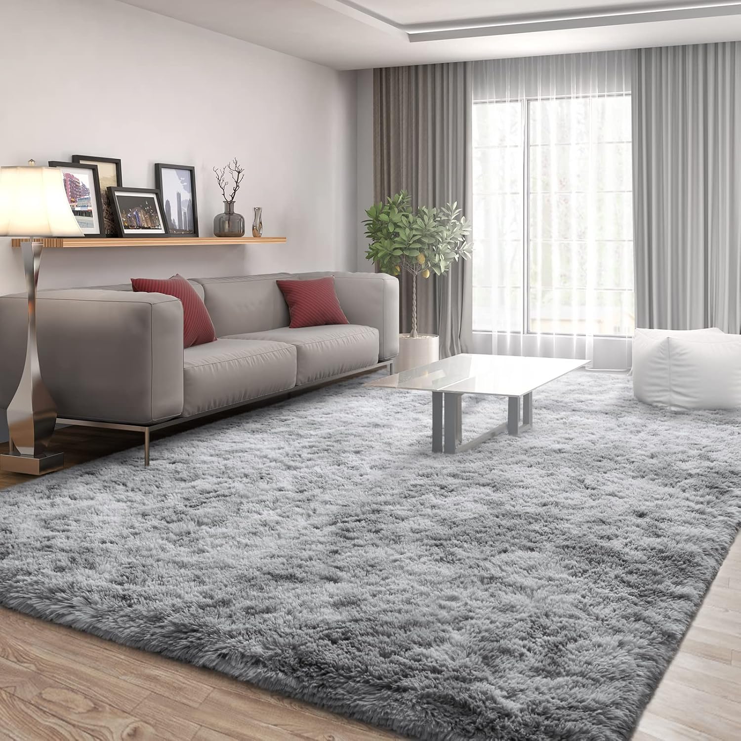 FlyDOIT Large Area Rugs for Living Room, 5x8 Feet Tie-Dyed Light Grey Shaggy Rug Fluffy Throw Carpets, Ultra Soft Plush Modern Indoor Fuzzy Rugs for Bedroom Girls Kids Nursery Room Dorm Home Decor