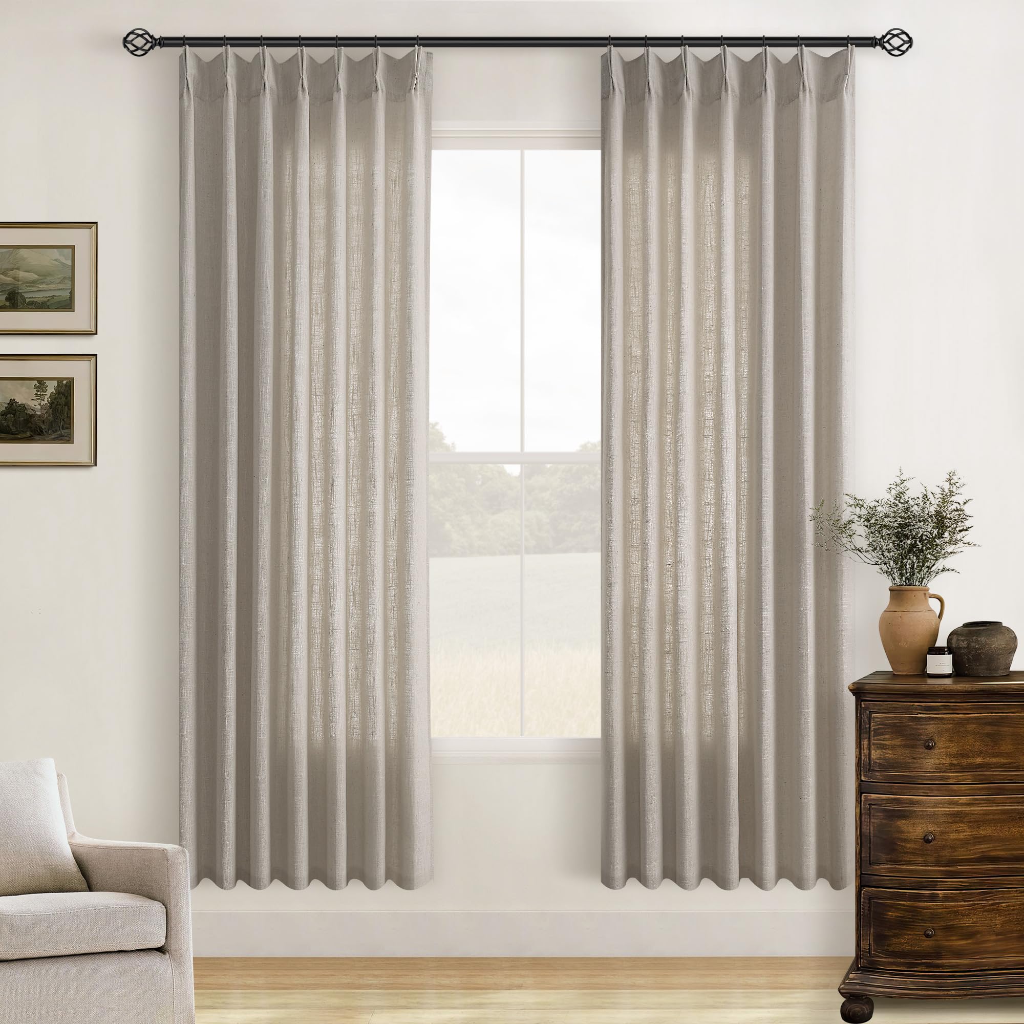 Dutch Cocoa Pinch Pleated Linen Curtains 84 Inches Long 60 Inch Width Linen Blend Light Filtering Window Curtains 84 Inch for Living Room Bedroom Patio Pinch Pleat Drapes Hooks Rings 1 Panel 60Wx84L