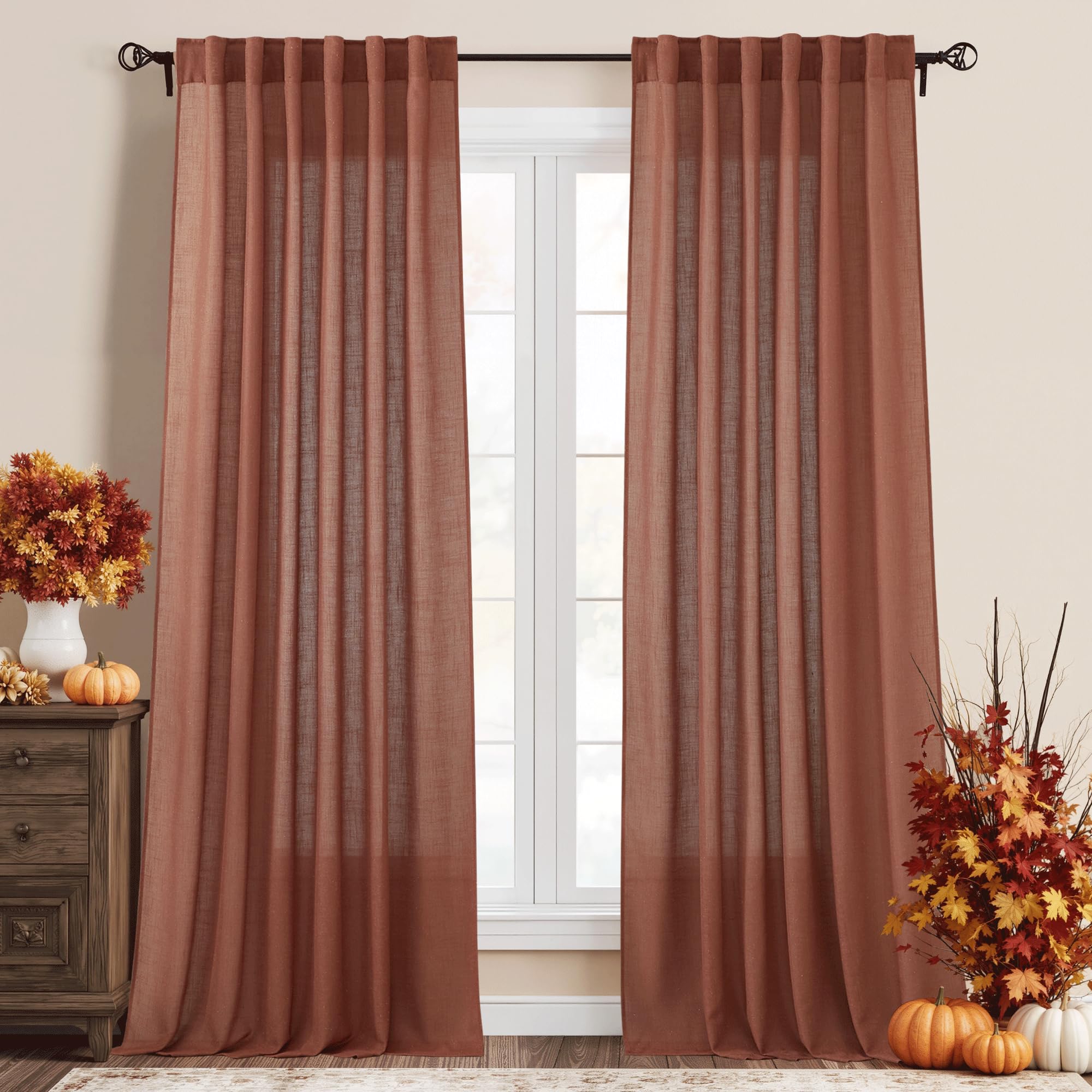 RYB HOME Linen Sheer Curtains and Drapes for Living Room 108 inches Length, Breathable Back Tab/Rod Pocket Semi Sheer Curtains, Oatmeal, W 52 x L 108 inches, 2 Panels Set