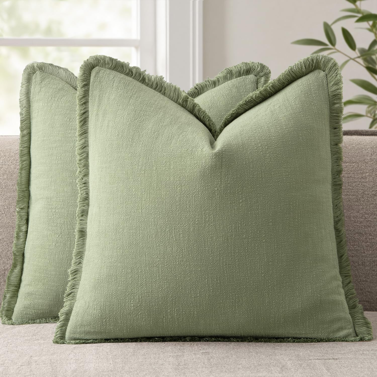 ANRODUO Set of 2 Decorative Throw Pillow Covers 26×26 Inch Soft Linen Fringe Farmhouse Boho Vintage Cushion Covers with Tassels Accent Pillowcase for Couch Sofa Bed Living Room Summer Decor Cream