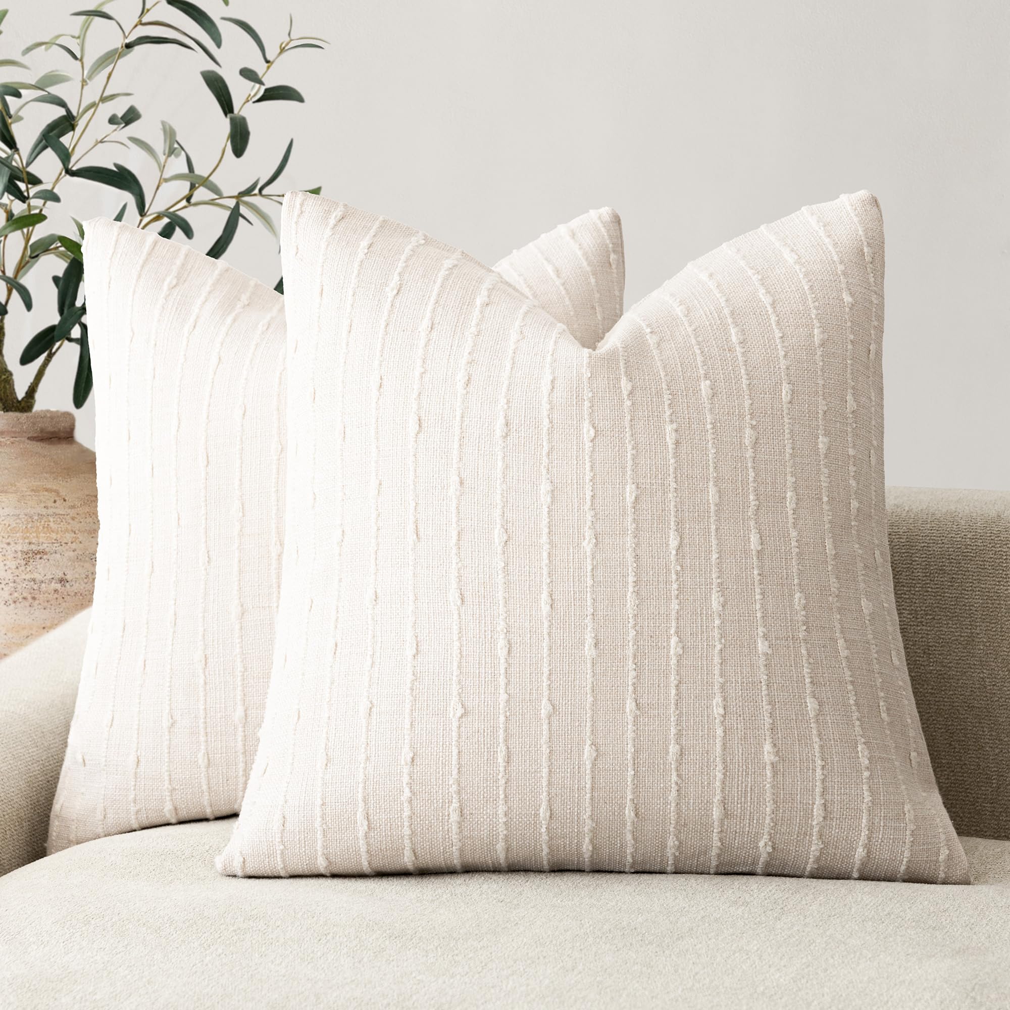 Foindtower Pack of 2 Decorative Jacquard Boucle Throw Pillow Covers Accent Textured Striped Pillowcases Soft Boho Modern Cushion for Couch Sofa Bedroom Living Room Home Decor 22x22 Inch Natural Beige