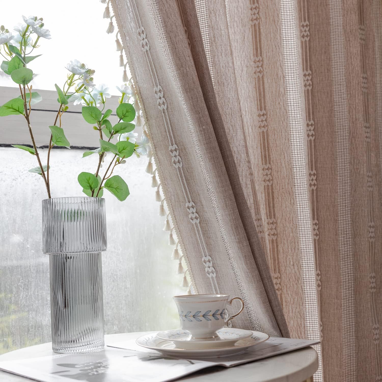 Linen Curtains 84 Inches Long - Embroidery Striped Farmhouse for Living Room, Tassel Boho for Bedroom, Light Filtering 2 Panels Set Rod Pocket Drapes (52" W x 84" L, Khaki)