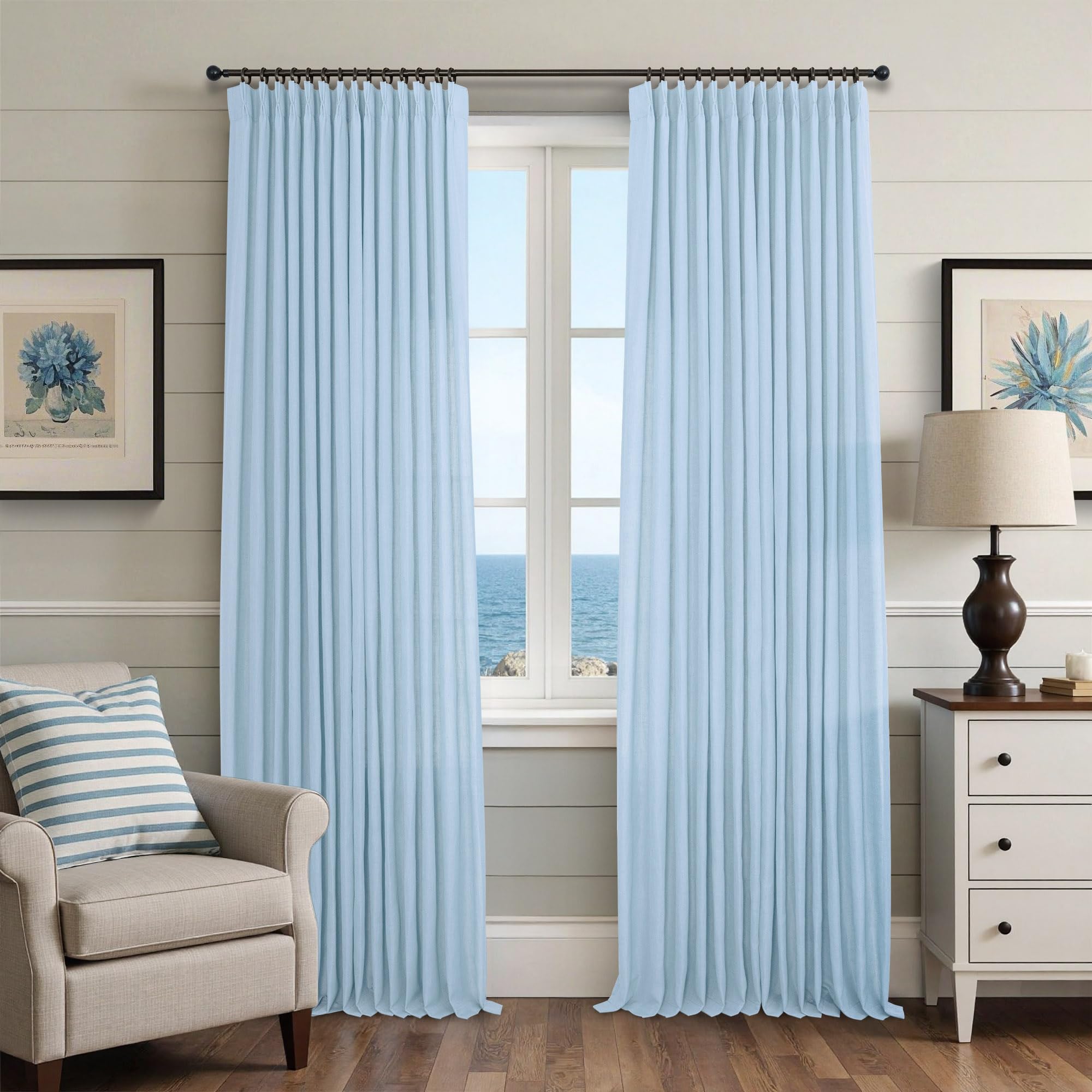 Natural Pinch Pleated Linen Cream Curtains 84 Inch Length 2 Panels for Living Room Bedroom Ivory Semi Sheer Light Filtering Modern Farmhouse Boho Neutral Rustic Long Drapes Back Tab Pleat Hooks Rings