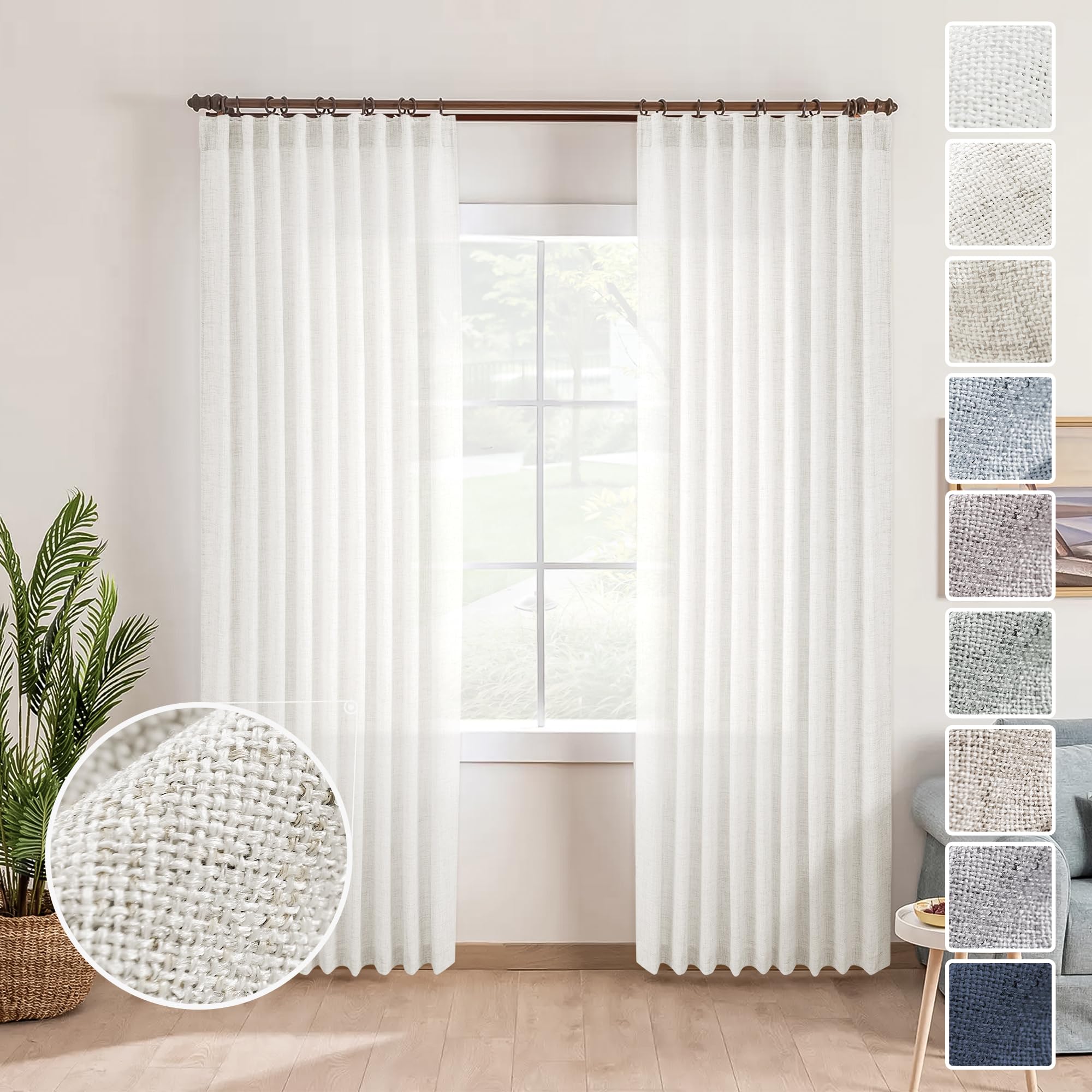 Natural Linen Back Tab Curtains 92 inch Long 2 Panels Set for Living Room Semi Sheer Light Filtering Window Drape Neutral Country Farmhouse Boho Curtains for Bedroom Cream Beige