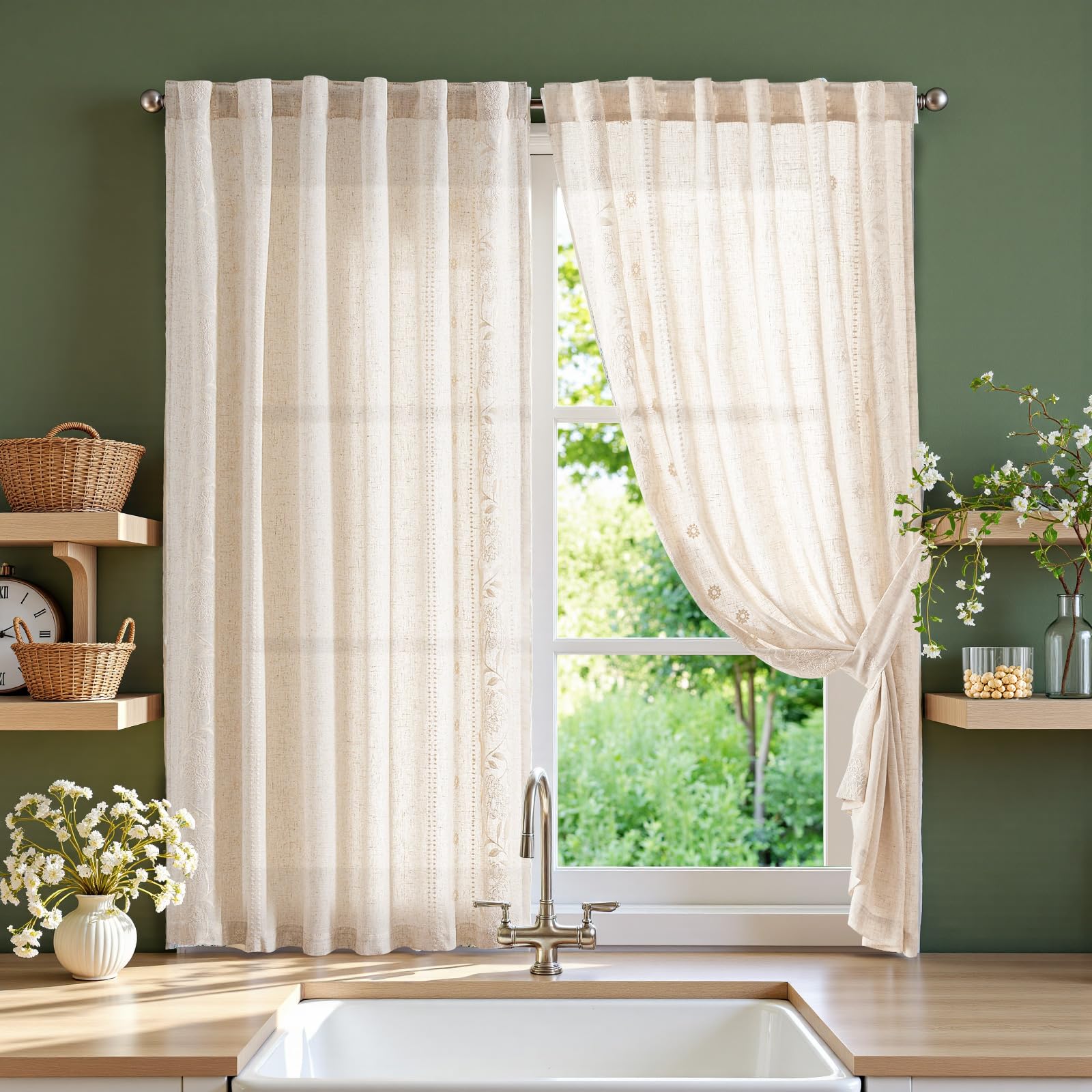 jinchan Winslow Linen Curtains for Bedroom 84 Inches Length Ivory on Taupe Embroidered Bordered Floral Curtains for Living Room Farmhouse Decor Light Filtering Window Treatments 2 Panels