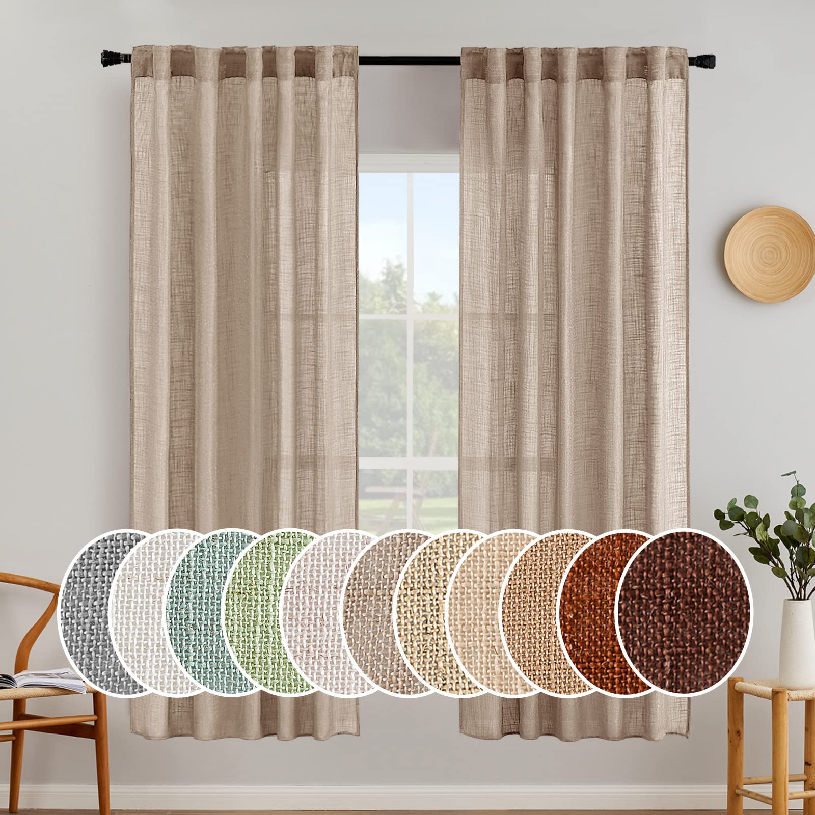 MIULEE Taupe Linen Curtains 84 Inch Length for Bedroom Living Room, Soft Thick Linen Textured Window Drapes Semi Sheer Light Filtering Back Tab Rod Pocket Burlap Look Farmhouse Country Decor, 2 Panels