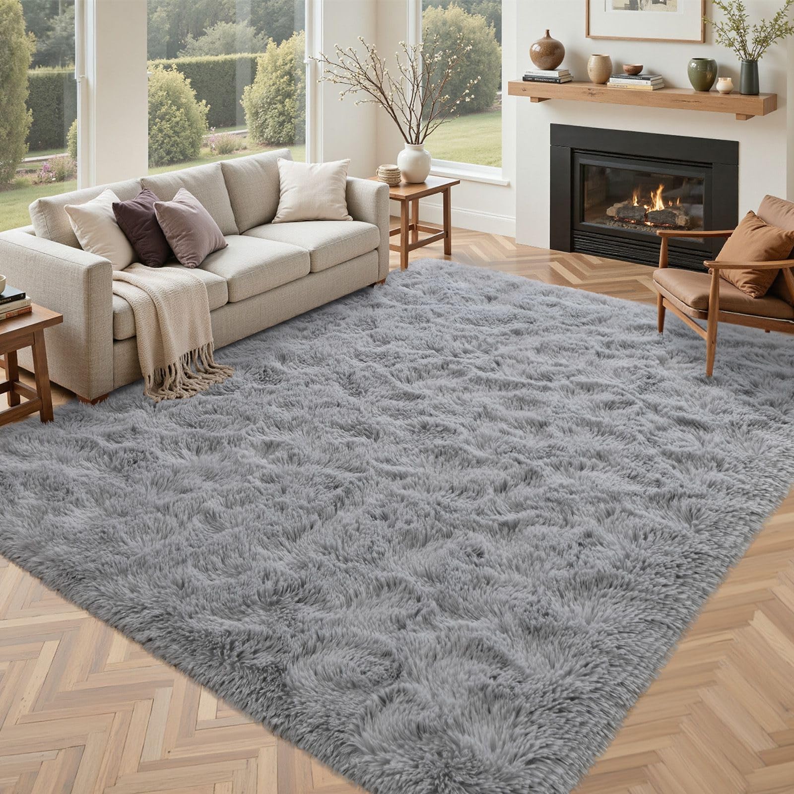 5×7ft Grey Fluffy Tie-Dyed Rug, Soft Shag Carpet for Home Decor