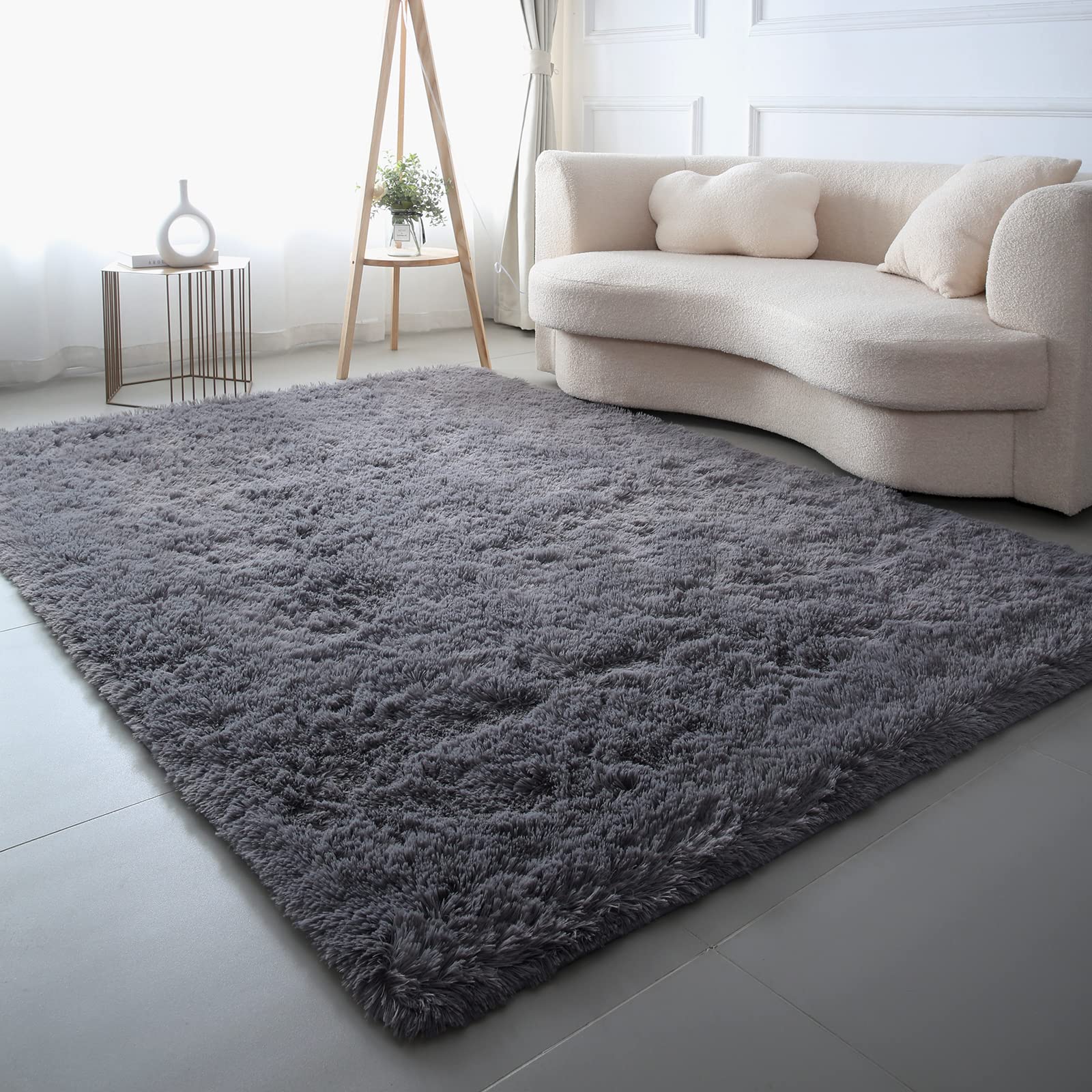 CAIYUECS Shag Area Rug,Indoor Ultra Soft Fluffy Plush Rugs for Bedroom Living Room, Non-Skid Modern Nursery Faux Fur Rugs for Kids Room Home Decor (Tie-Dyed Light Gray, 5x7 Feet)