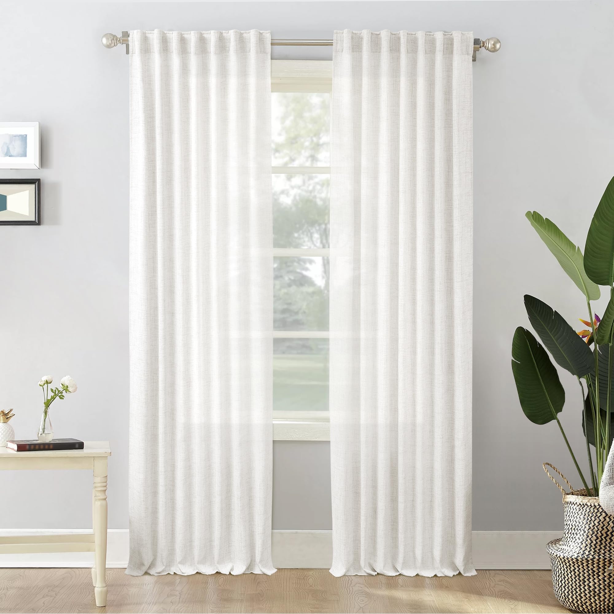 Natural Linen Back Tab Curtains 92 inch Long 2 Panels Set for Living Room Semi Sheer Light Filtering Window Drape Neutral Country Farmhouse Boho Curtains for Bedroom Cream Beige