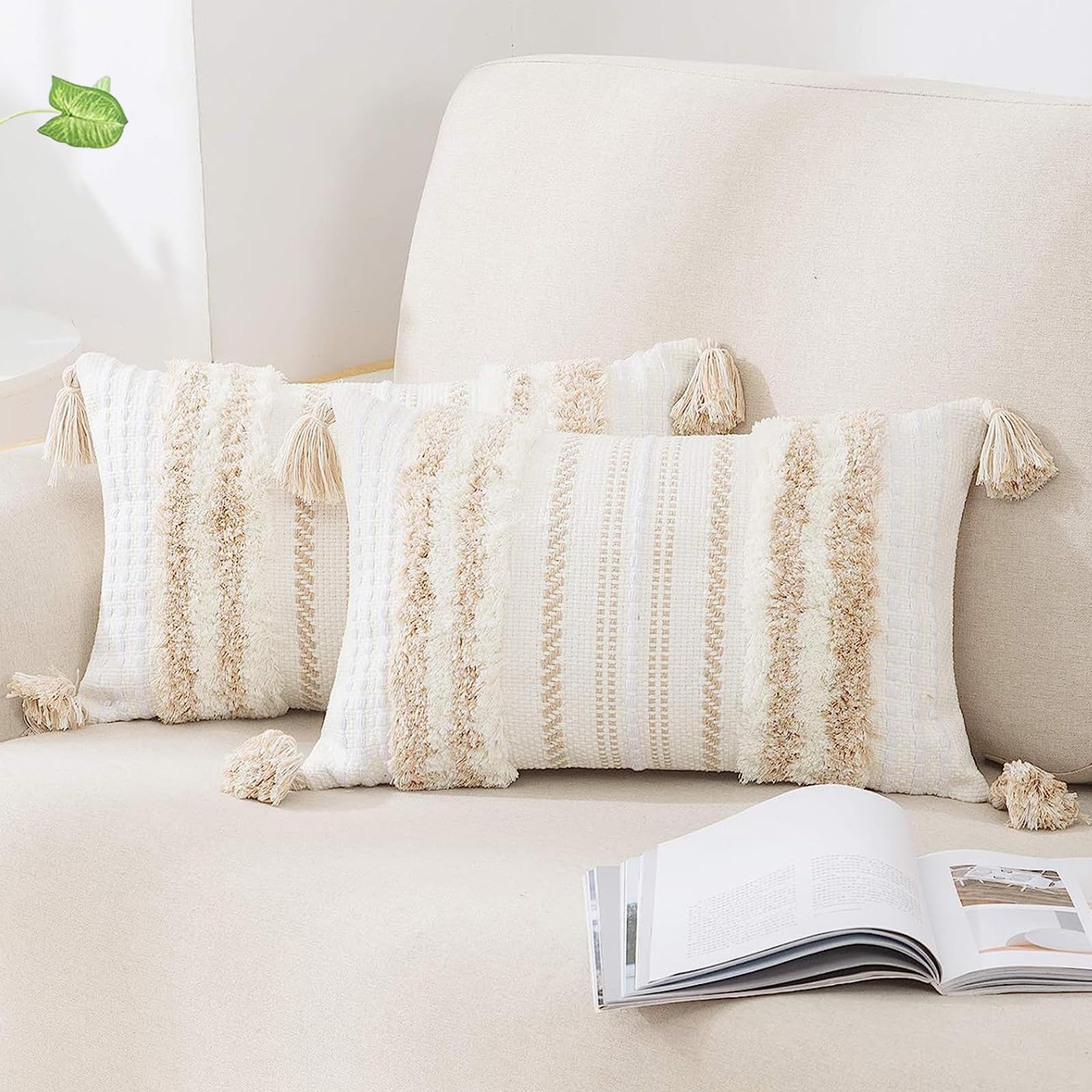 decorUhome Summer Decorative Boho Throw Pillow Covers 18x18 Set of 2, Accent Neutral Textured Tufted Pillow Covers Striped for Couch Bed Sofa Living Room, Khaki and Cream White