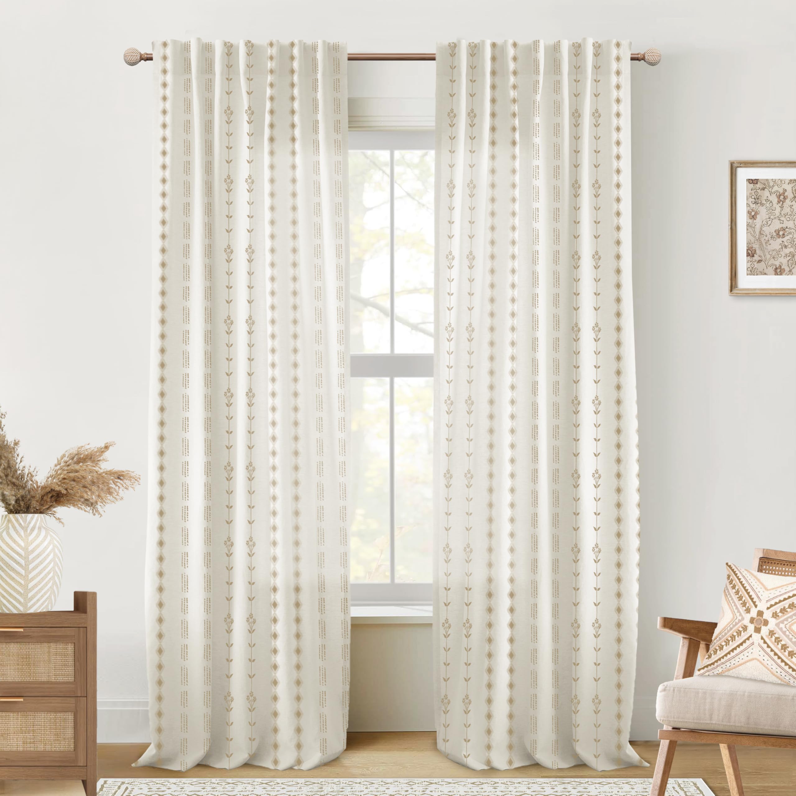Linen Farmhouse Curtains for Living Room, Neutral Taupe Cream Light Filtering Boho Sheer Floral Patterned Curtains for Dining Room Bedroom 84 Inch Length 2 Panels Set