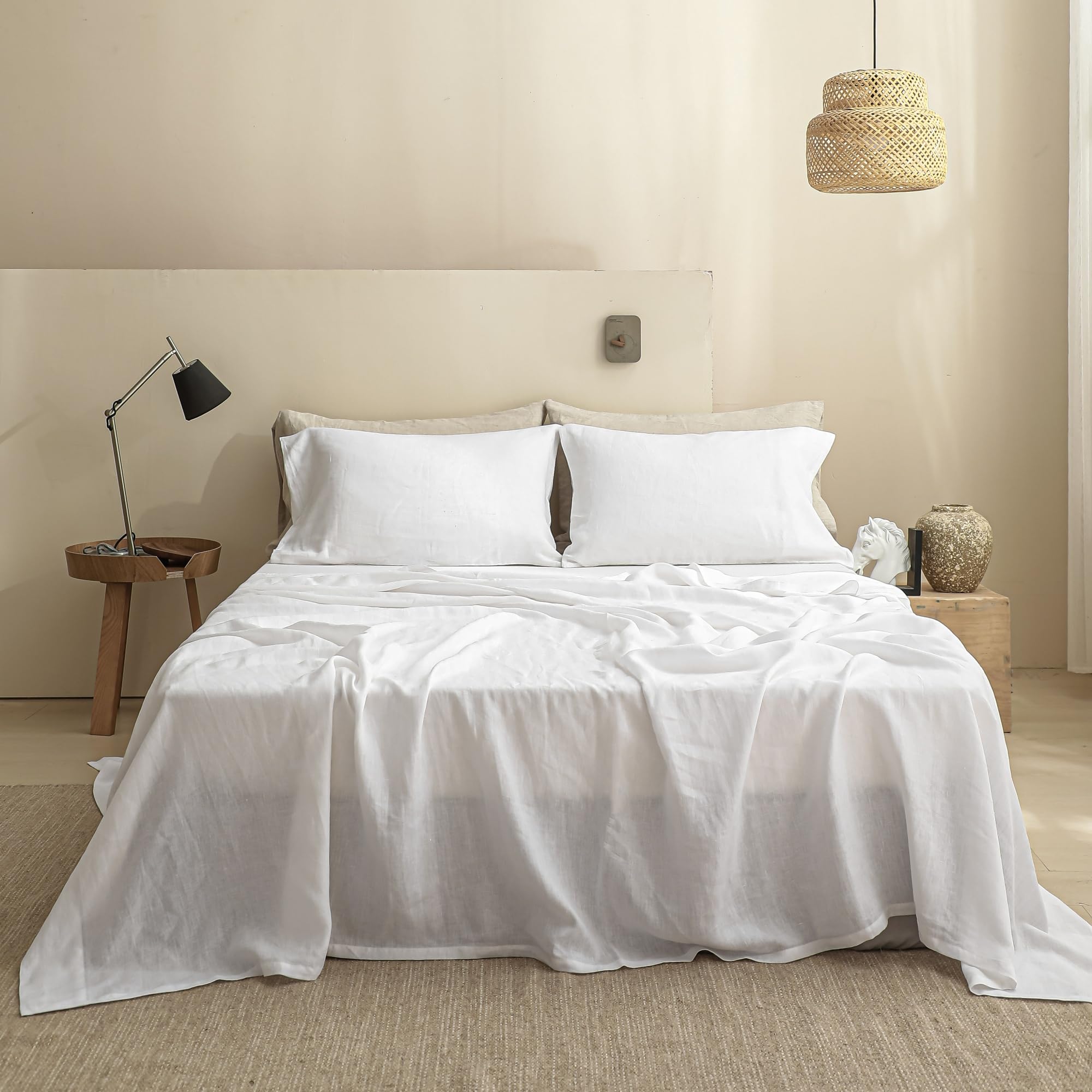 Simple&Opulence 100% Linen Sheets Queen Size Set, 4 Pcs Natural French Linen Bed Sheets, Breathable Soft Durable Bedding Set for All Season (Classic Blue, Queen)