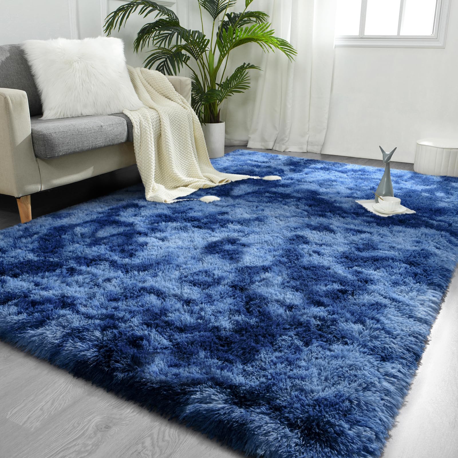 FlyDOIT Large Area Rugs for Living Room, 5x8 Feet Tie-Dyed Light Grey Shaggy Rug Fluffy Throw Carpets, Ultra Soft Plush Modern Indoor Fuzzy Rugs for Bedroom Girls Kids Nursery Room Dorm Home Decor