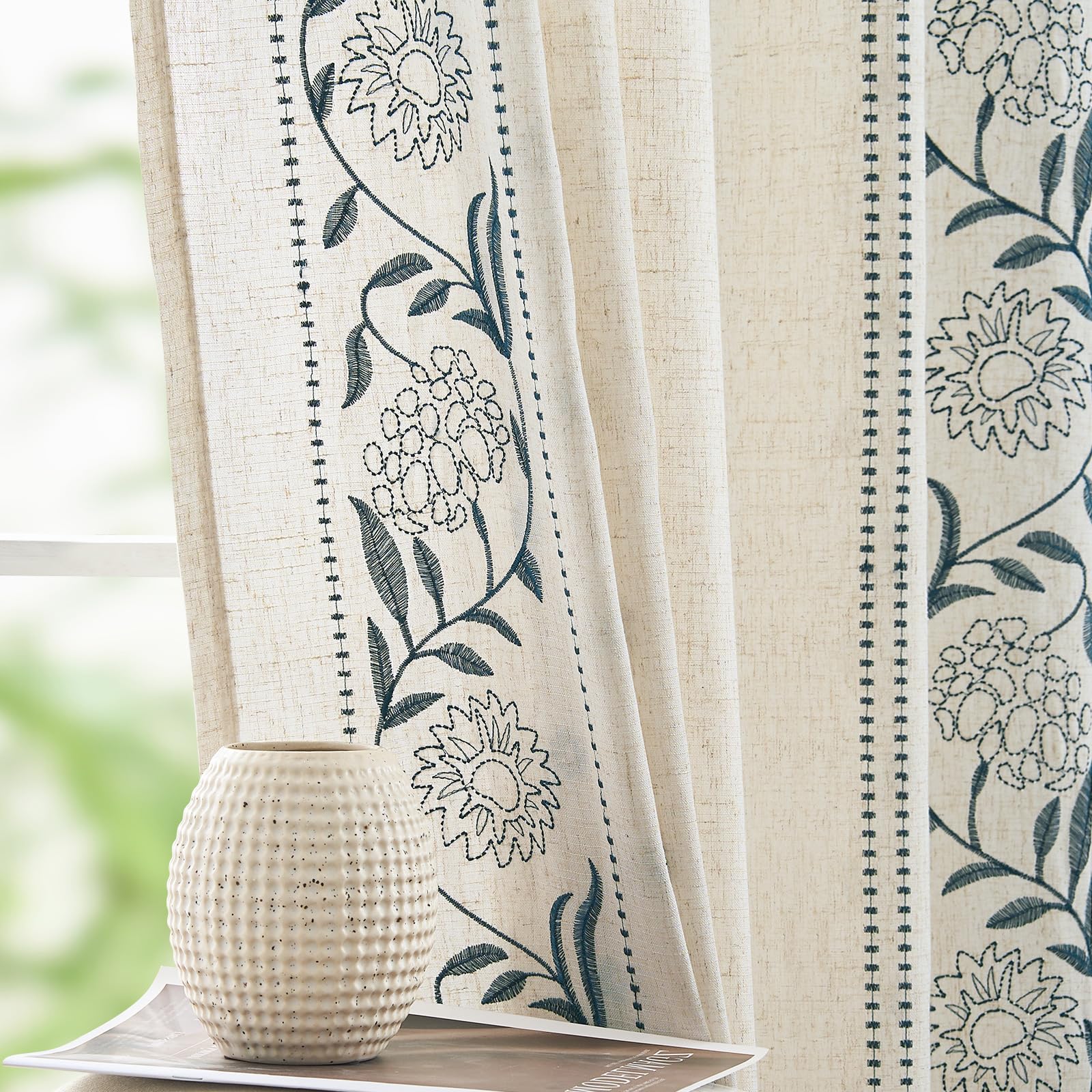 jinchan Winslow Linen Curtains for Bedroom 84 Inches Length Ivory on Taupe Embroidered Bordered Floral Curtains for Living Room Farmhouse Decor Light Filtering Window Treatments 2 Panels