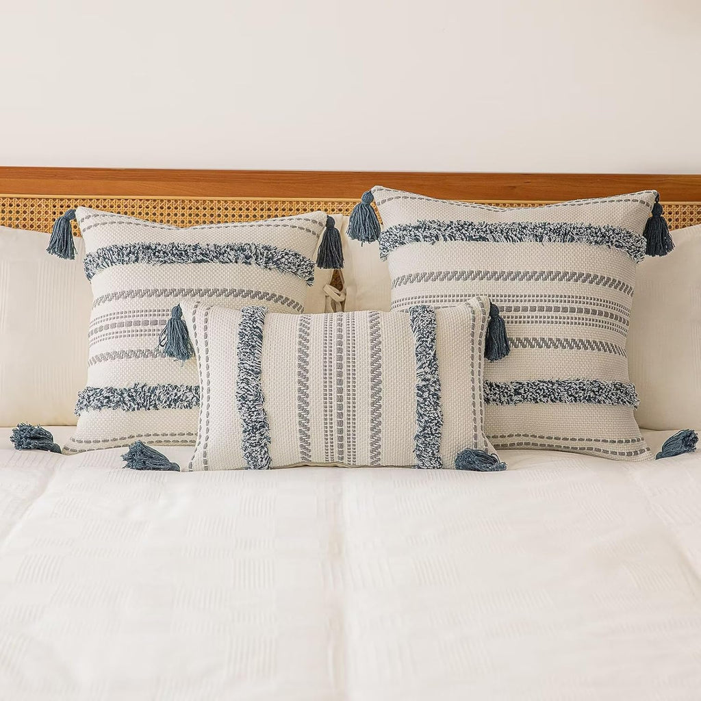 Boho Throw Pillow Covers 20x20 Set of 2 Woven Tufted Farmhouse Pillows Cover with Tassels Textured Striped Cushion Case Neutral Pillow Cases Decorative Pillowcase for Sofa, Couch, Bed, Dark Blue
