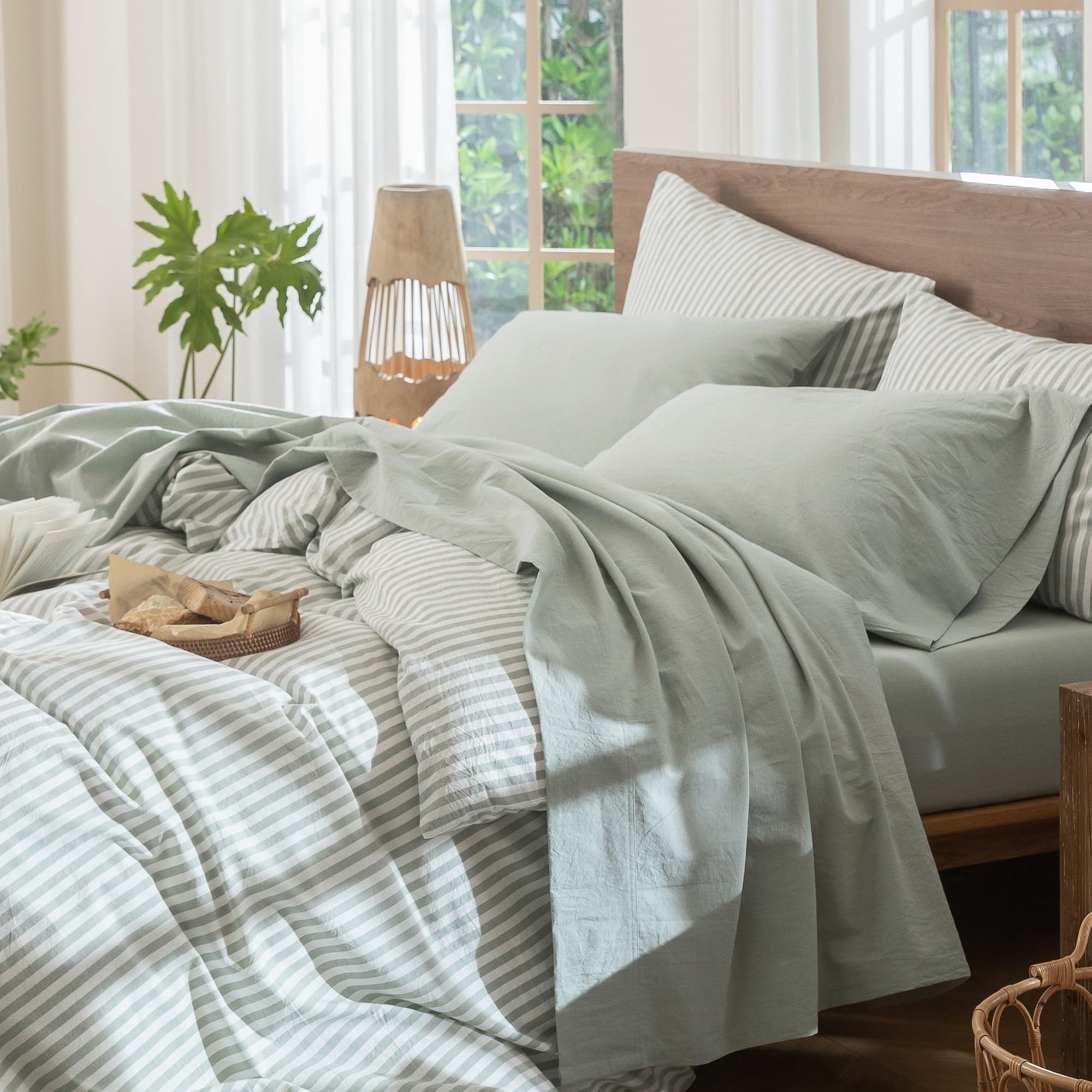 MooMee Bedding Sheet Set 100% Washed Cotton Linen Like Textured Breathable Durable Soft Comfy (Heathered Green, Queen)