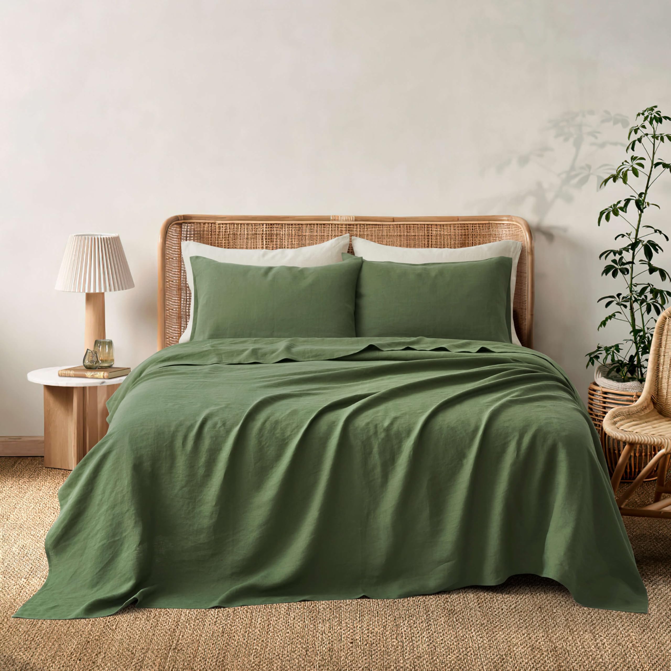ATLINIA 100% Pure Flax Linen Bedding Set - Stone Washed French Linen Fabric Deep Pocket Fitted Sheet Farmhouse Flat Sheet 2 Pillowcases (Natural, Queen)