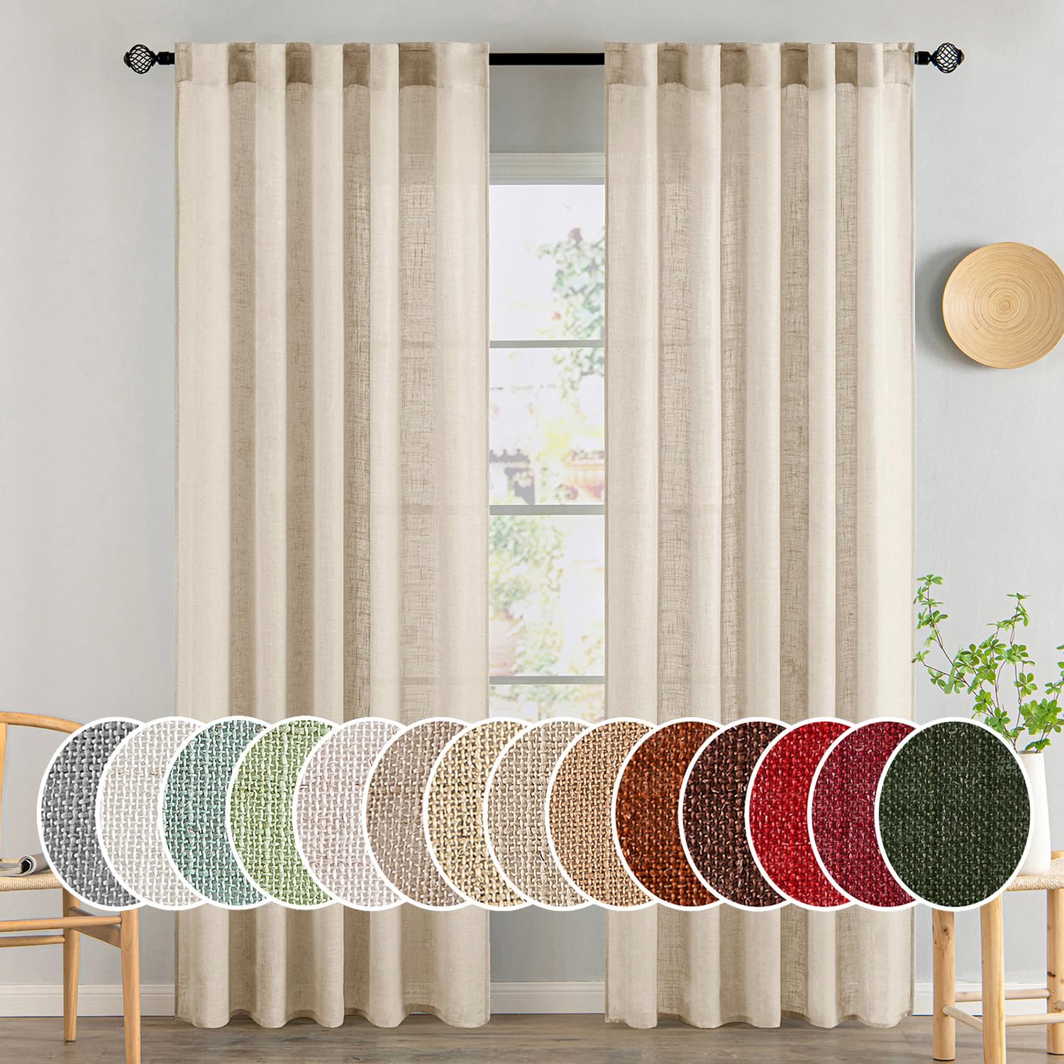 MIULEE Taupe Linen Curtains 84 Inch Length for Bedroom Living Room, Soft Thick Linen Textured Window Drapes Semi Sheer Light Filtering Back Tab Rod Pocket Burlap Look Farmhouse Country Decor, 2 Panels