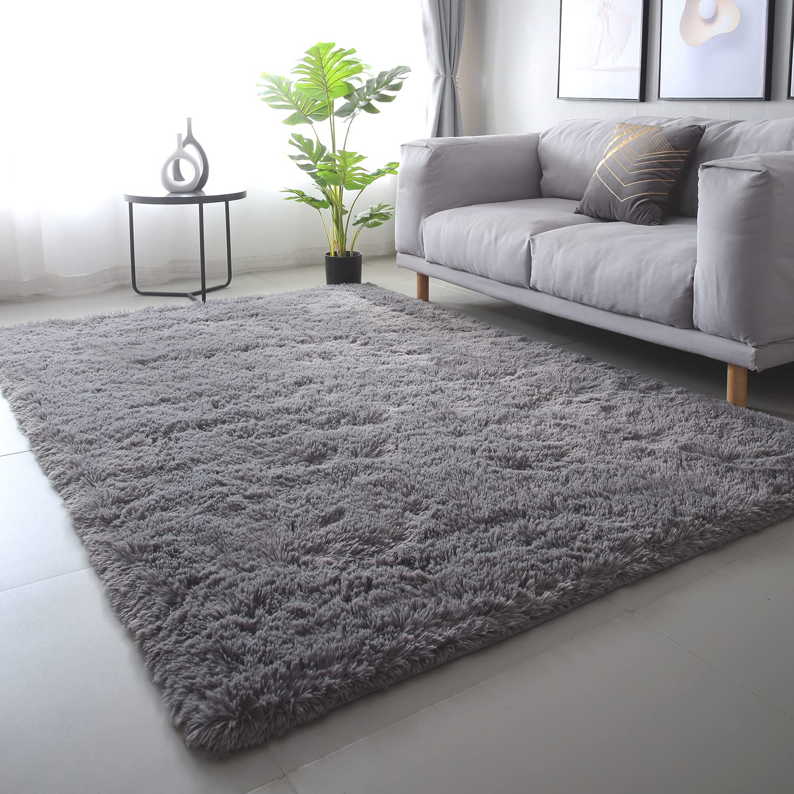 CAIYUECS Shag Area Rug,Indoor Ultra Soft Fluffy Plush Rugs for Bedroom Living Room, Non-Skid Modern Nursery Faux Fur Rugs for Kids Room Home Decor (Tie-Dyed Light Gray, 5x7 Feet)