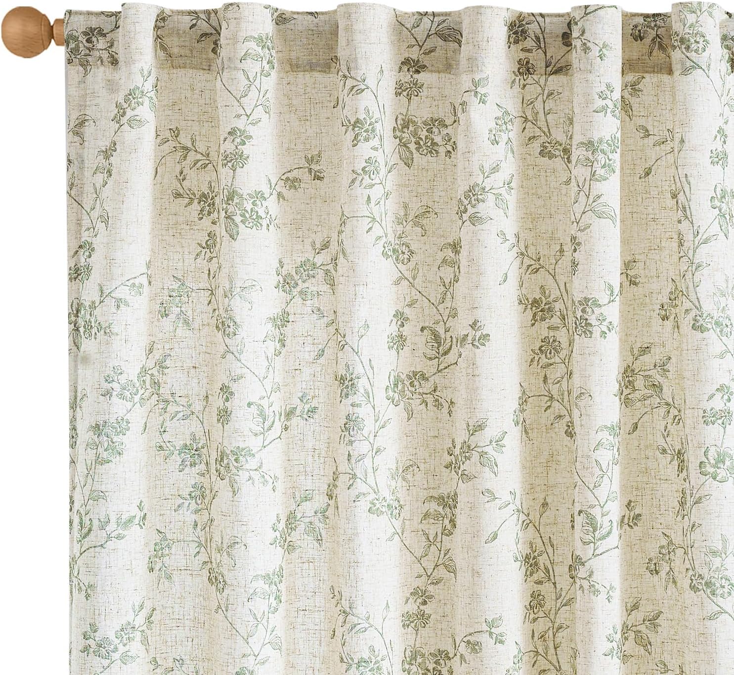 Lazzzy Linen Farmhouse Curtains Green Floral Curtains 63 Inch Length Back Tab Drapes for Living Room Bedroom Light Filtering Country Vintage Rod Pocket Curtain, 2 Panels, Green on Beige
