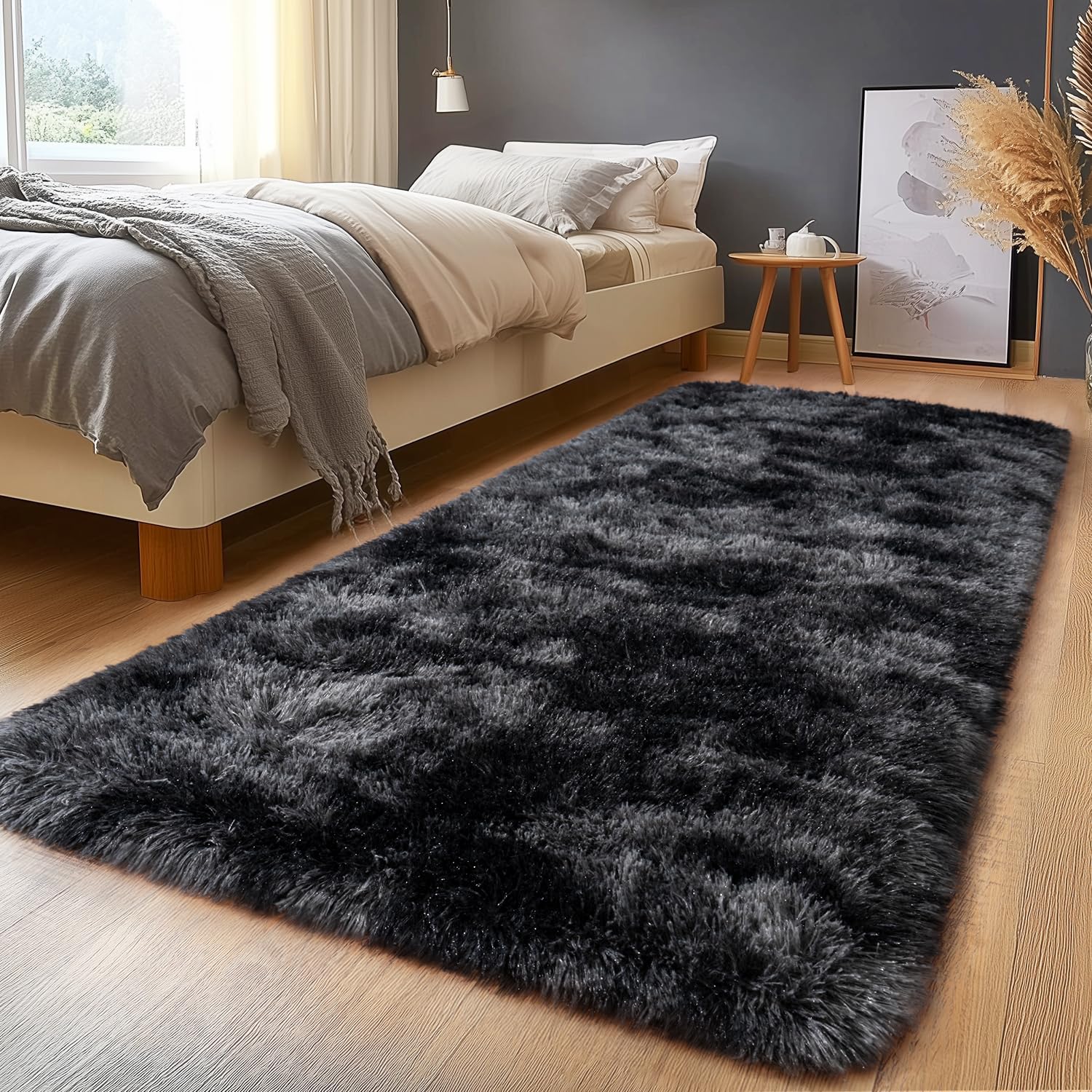 Shaggy Area Rugs, Fuzzy Rugs for Living Room, Soft Nursery Area Rug for Girls, Tie Dye Black Gray Plush Area Rugs Non Slip, Fluffy Rug Carpet 8x10ft