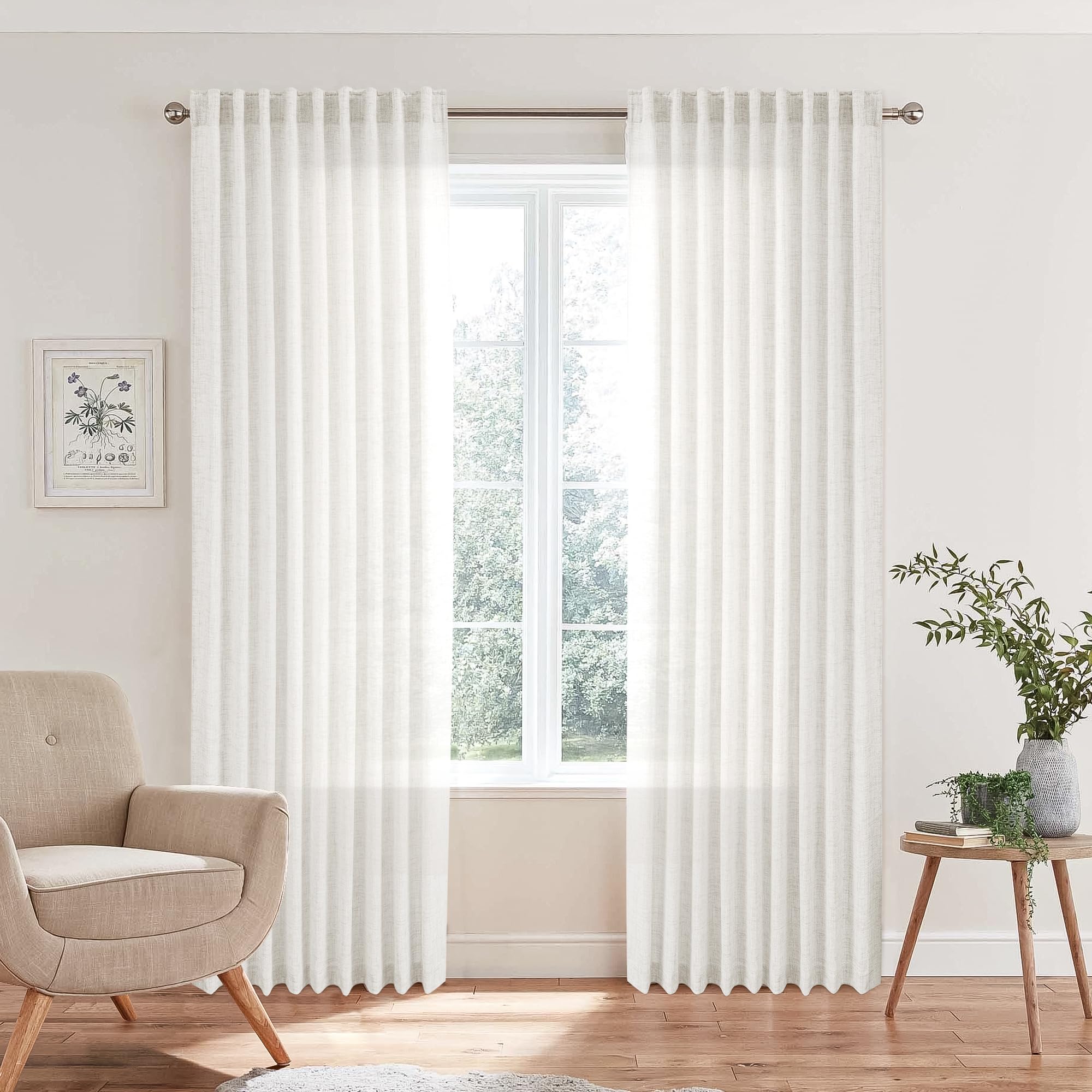 Natural Linen Back Tab Curtains 92 inch Long 2 Panels Set for Living Room Semi Sheer Light Filtering Window Drape Neutral Country Farmhouse Boho Curtains for Bedroom Cream Beige