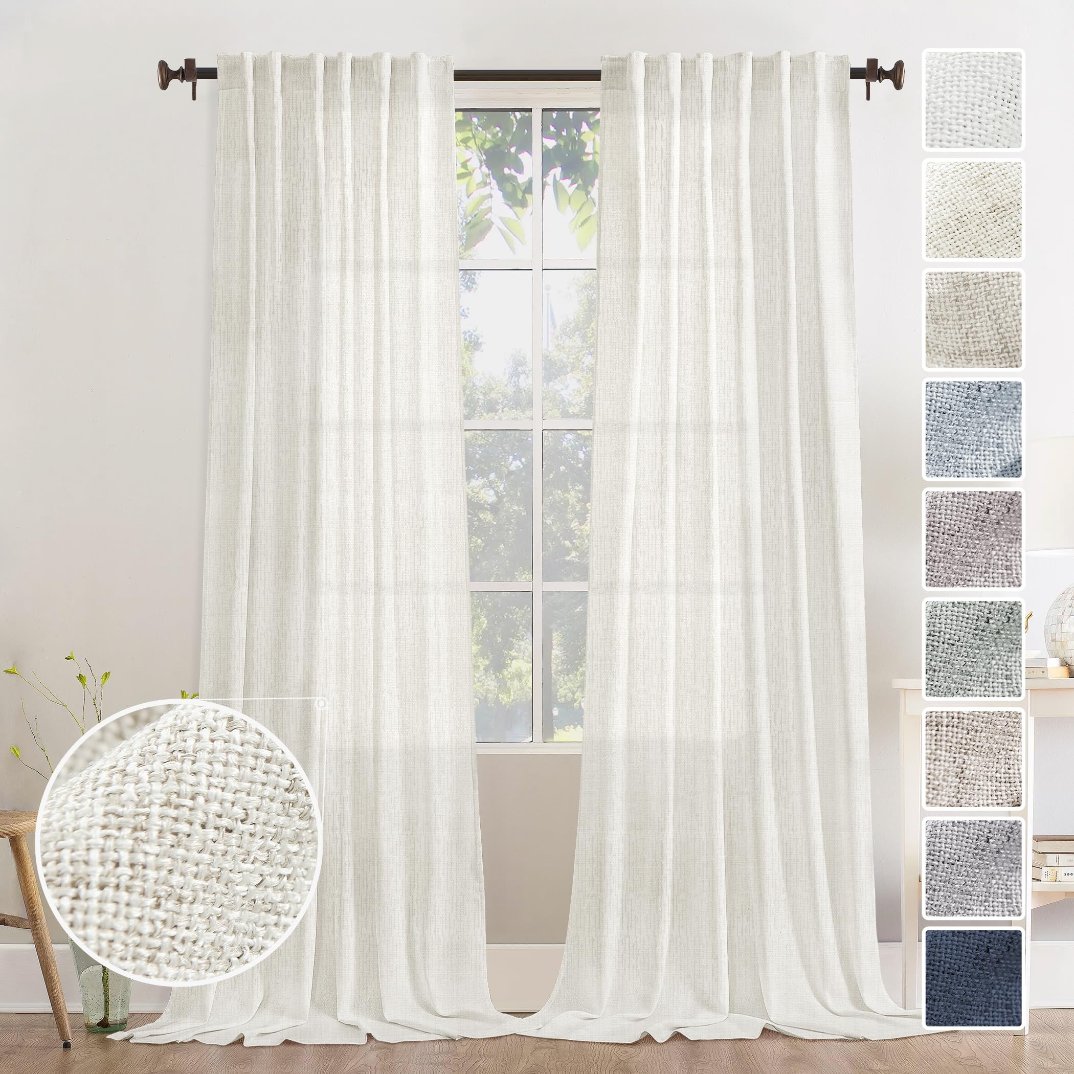 Natural Linen Back Tab Curtains 92 inch Long 2 Panels Set for Living Room Semi Sheer Light Filtering Window Drape Neutral Country Farmhouse Boho Curtains for Bedroom Cream Beige