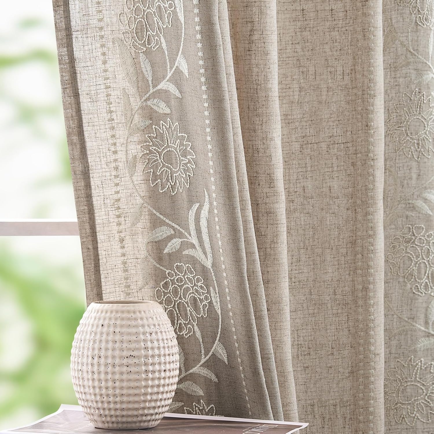 jinchan Winslow Linen Curtains for Bedroom 84 Inches Length Ivory on Taupe Embroidered Bordered Floral Curtains for Living Room Farmhouse Decor Light Filtering Window Treatments 2 Panels