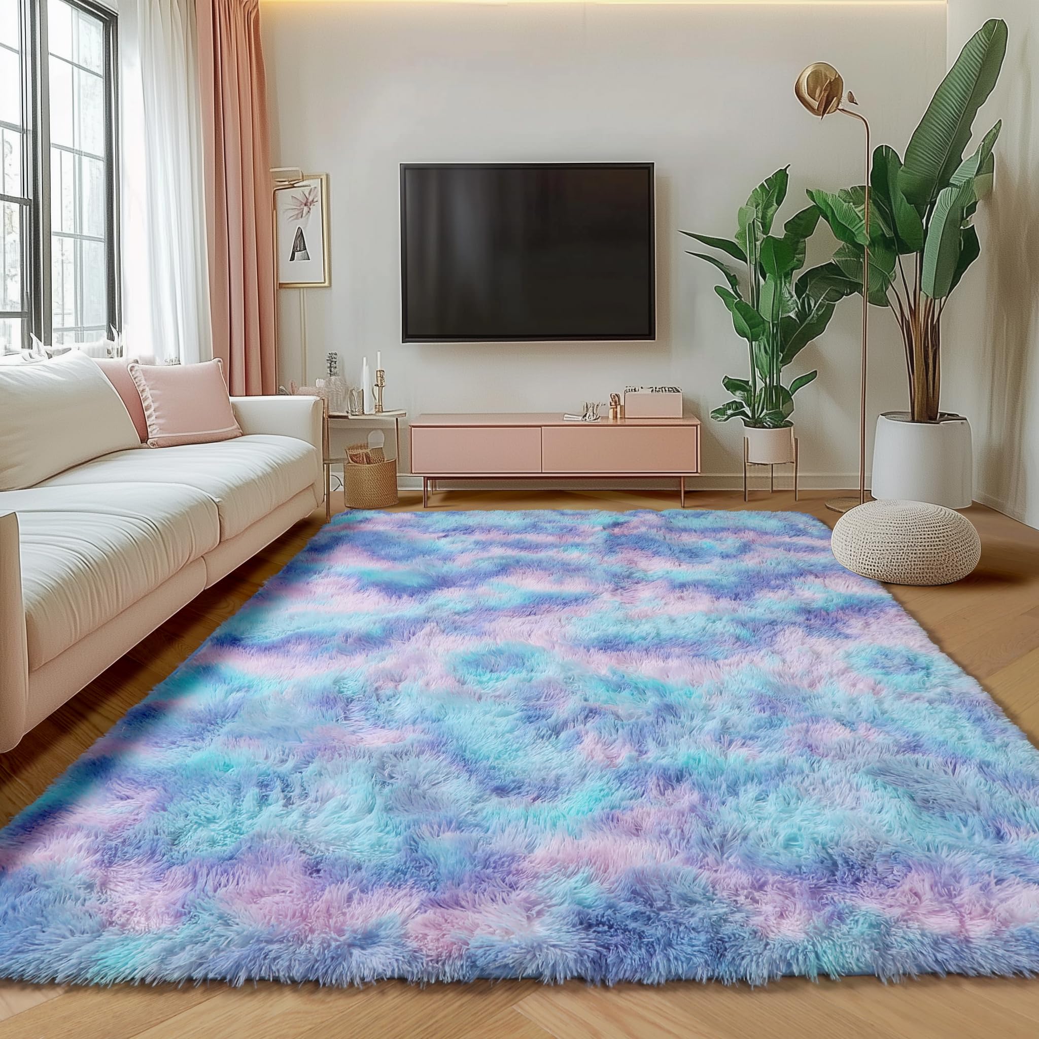 ONASAR Tie-Dyed Dark Grey Round Area Rugs 5ft, Ultra Soft Bedroom Circle Rug for Kids Girls Teen Room, Fluffy Plush Shaggy Carpet Floor Mats for Baby Nursery Living Room Playroom Home Decor
