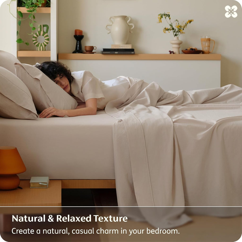 Bedsure 100% Washed Cotton Percale Sheets Queen Size - Linen Like Textured 6-Piece Bedsheet Set with 18" Deep Pocket, Breathable & PureWoven Soft Comfy (Linen Beige, Queen)