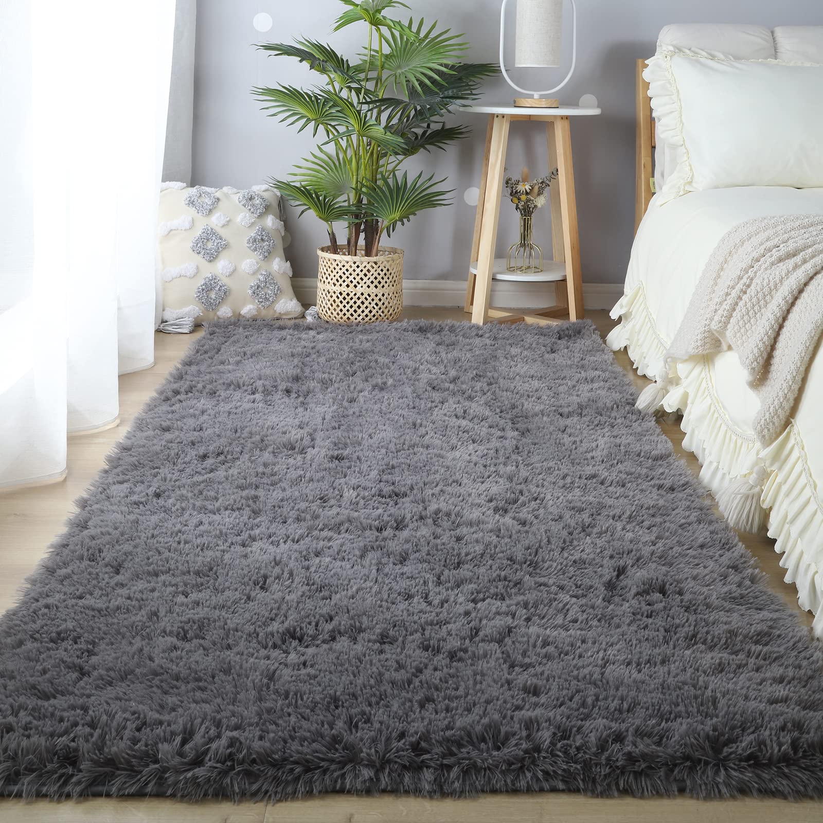 CAIYUECS Shag Area Rug,Indoor Ultra Soft Fluffy Plush Rugs for Bedroom Living Room, Non-Skid Modern Nursery Faux Fur Rugs for Kids Room Home Decor (Tie-Dyed Light Gray, 5x7 Feet)