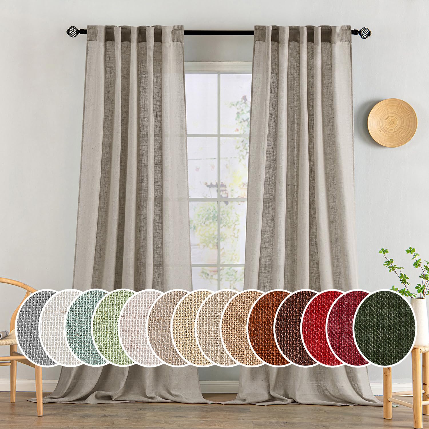 MIULEE Taupe Linen Curtains 84 Inch Length for Bedroom Living Room, Soft Thick Linen Textured Window Drapes Semi Sheer Light Filtering Back Tab Rod Pocket Burlap Look Farmhouse Country Decor, 2 Panels