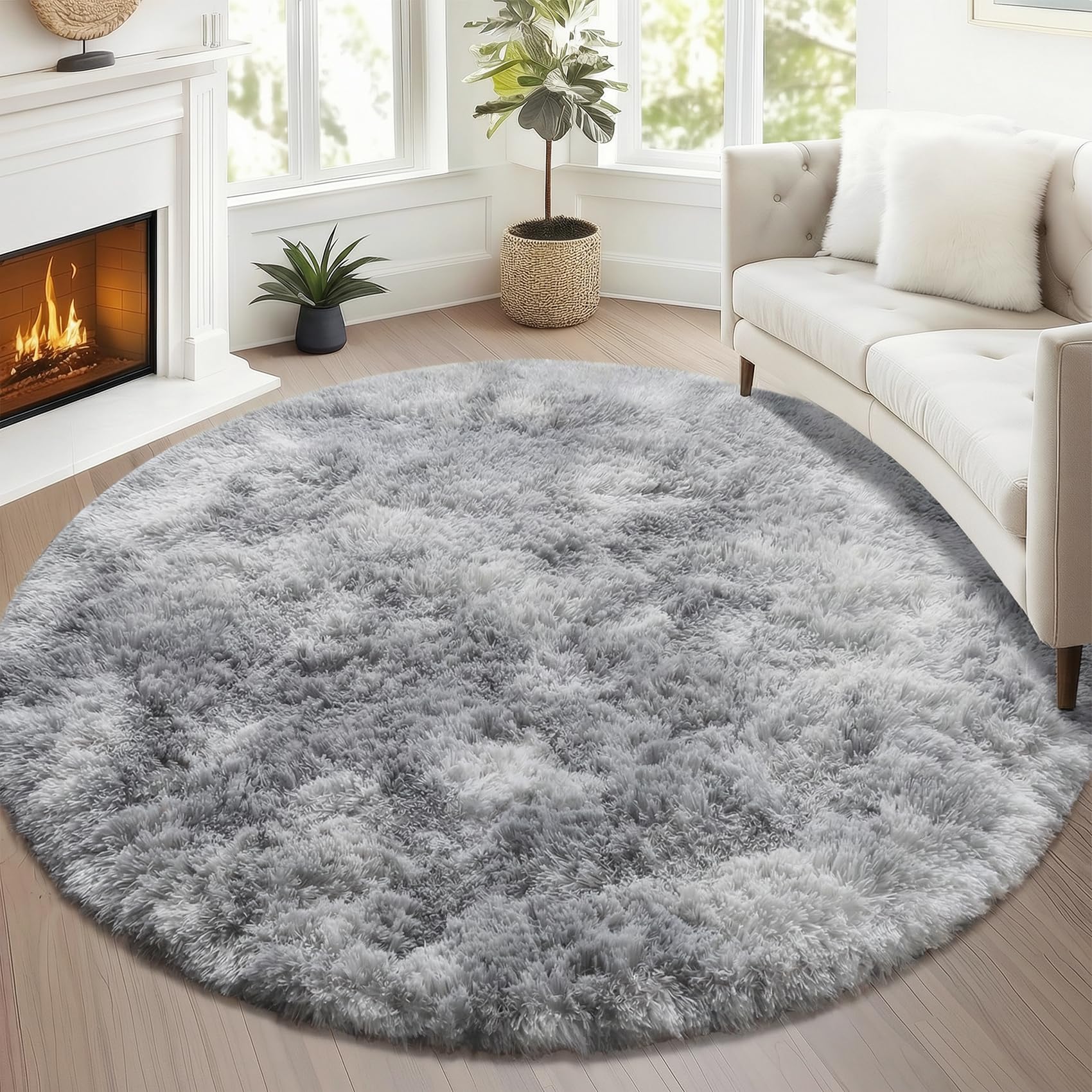 ONASAR Tie-Dyed Dark Grey Round Area Rugs 5ft, Ultra Soft Bedroom Circle Rug for Kids Girls Teen Room, Fluffy Plush Shaggy Carpet Floor Mats for Baby Nursery Living Room Playroom Home Decor