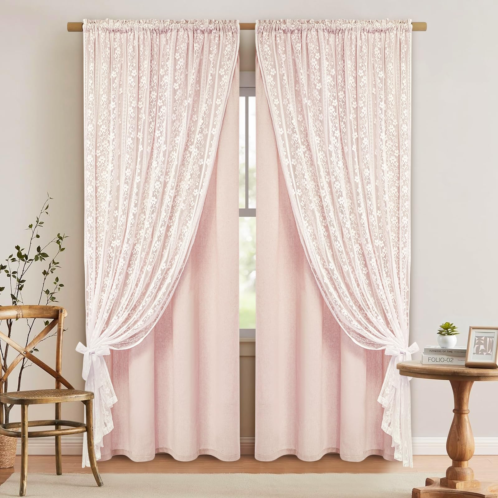 2-Panel 52×84" Beige Linen Curtains, Boho Farmhouse Window Drapes