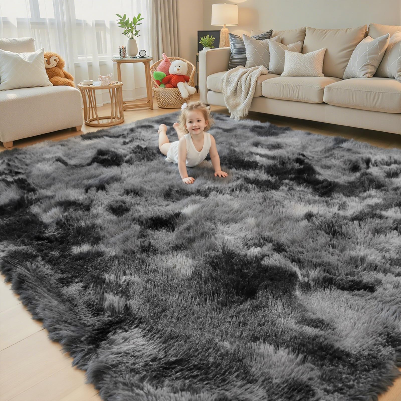 8x10 Area Rugs for Living Room Bedroom Fluffy, Large Area Rug Shag Shaggy Carpet Soft Plush Furry Bedside Rug, Area Rugs for Home Decor(8 x 10, Dark Blue Tie-Dyed)