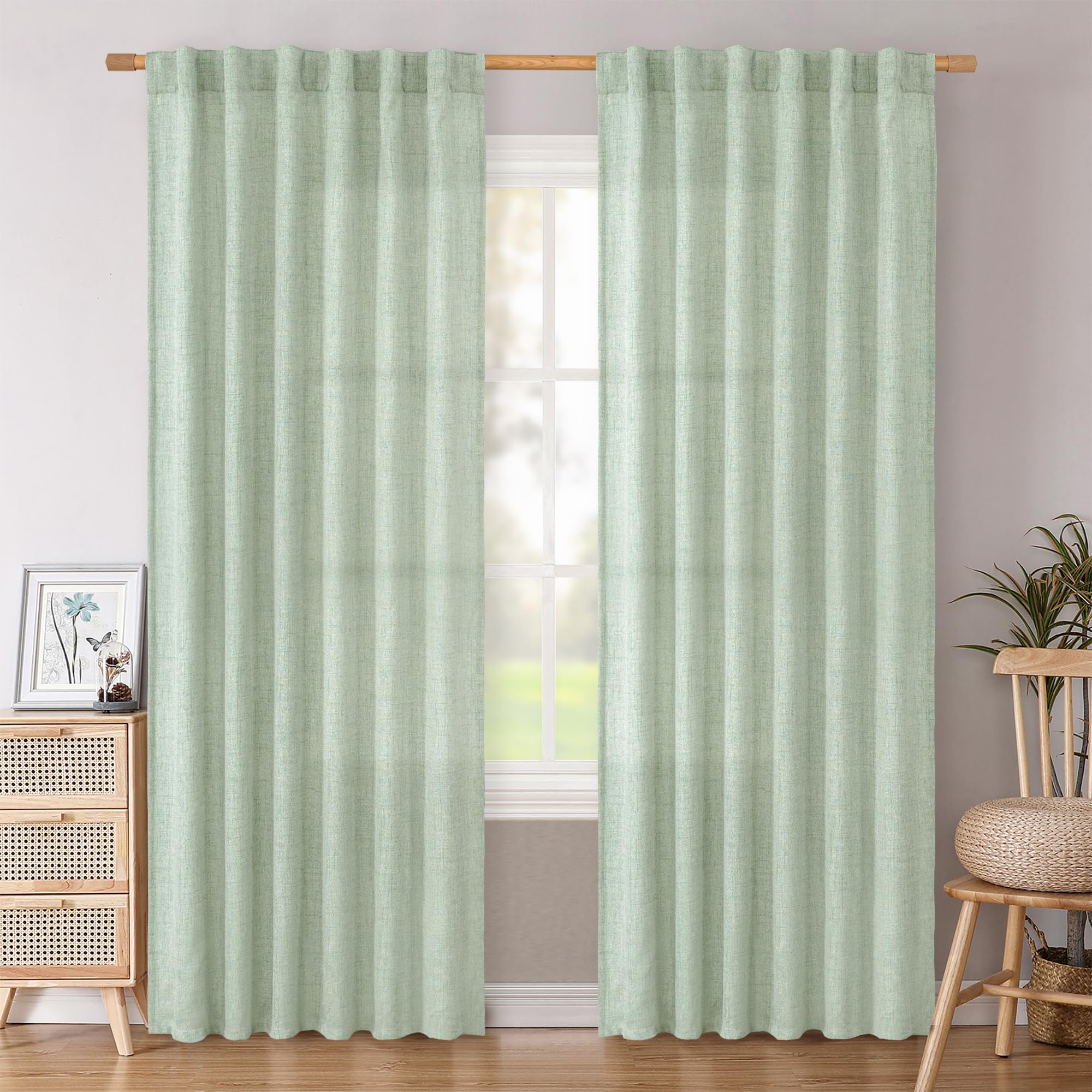 BGment Natural Linen Semi Sheer Curtains 96 Inch Length 2 Panels for Living Room, Beige Light Filtering Window Drapes with Rod Pocket Back Tab Extre Long for Dining Bedroom, 52 X 96 Inch
