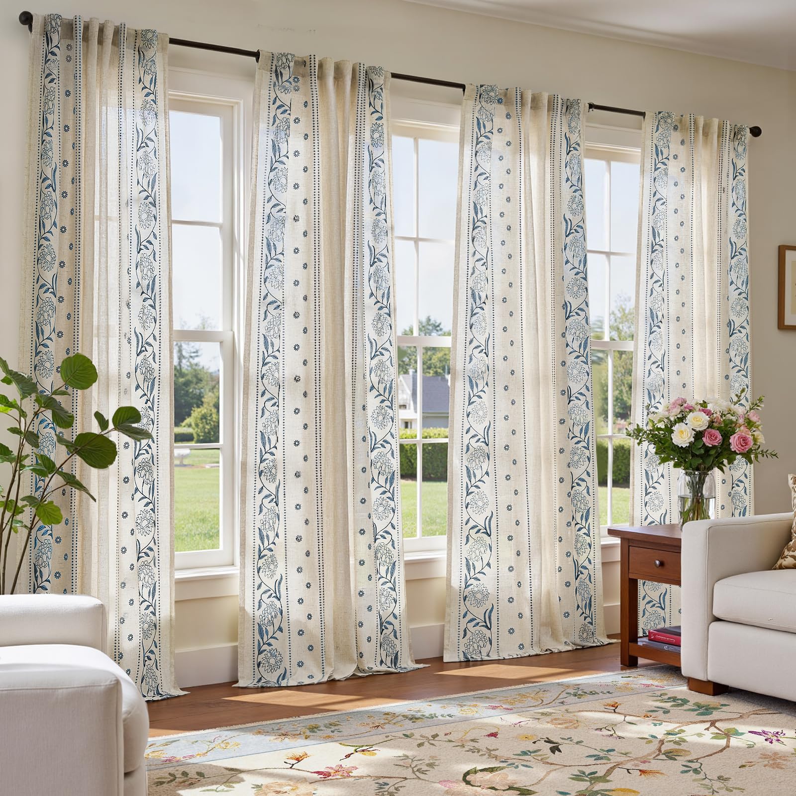 jinchan Winslow Linen Curtains for Bedroom 84 Inches Length Ivory on Taupe Embroidered Bordered Floral Curtains for Living Room Farmhouse Decor Light Filtering Window Treatments 2 Panels