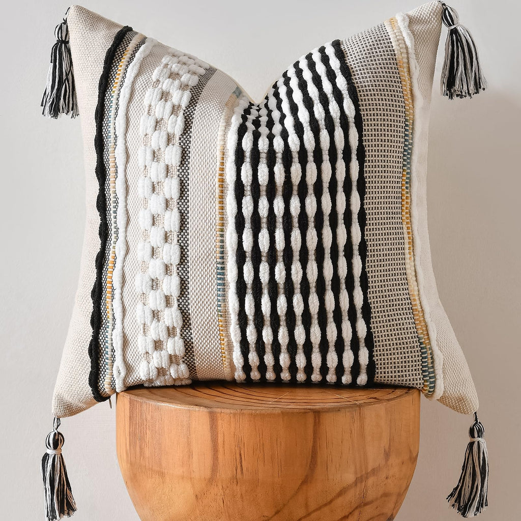 AmHoo Set of 2 Chenille Striped Tufted Textured Boho Throw Pillow Covers Aesthetic with Tassels Woven Decorative Pillow Case for Couch Bed Sofa Bedroom Modern Funky 18 x 18-Inch Brown White