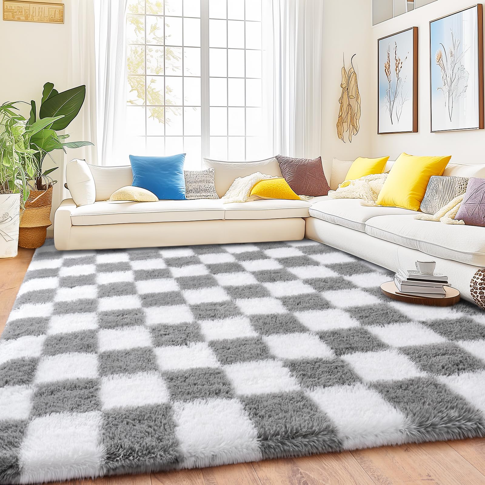 8x10 Area Rugs for Living Room, Large Ultra Fluffy Fuzzy Shag Rug for Bedroom, Modern Plush Soft High Pile Upgrade Non-Slip Carpet for Kids Girls and Boys Room Decor, Tie-Dyed Blue Grey