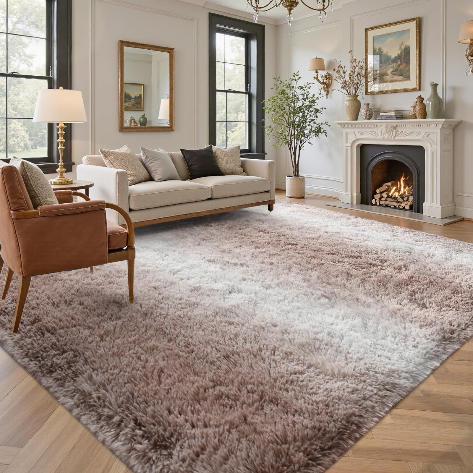 5×7ft Grey Fluffy Tie-Dyed Rug, Soft Shag Carpet for Home Decor
